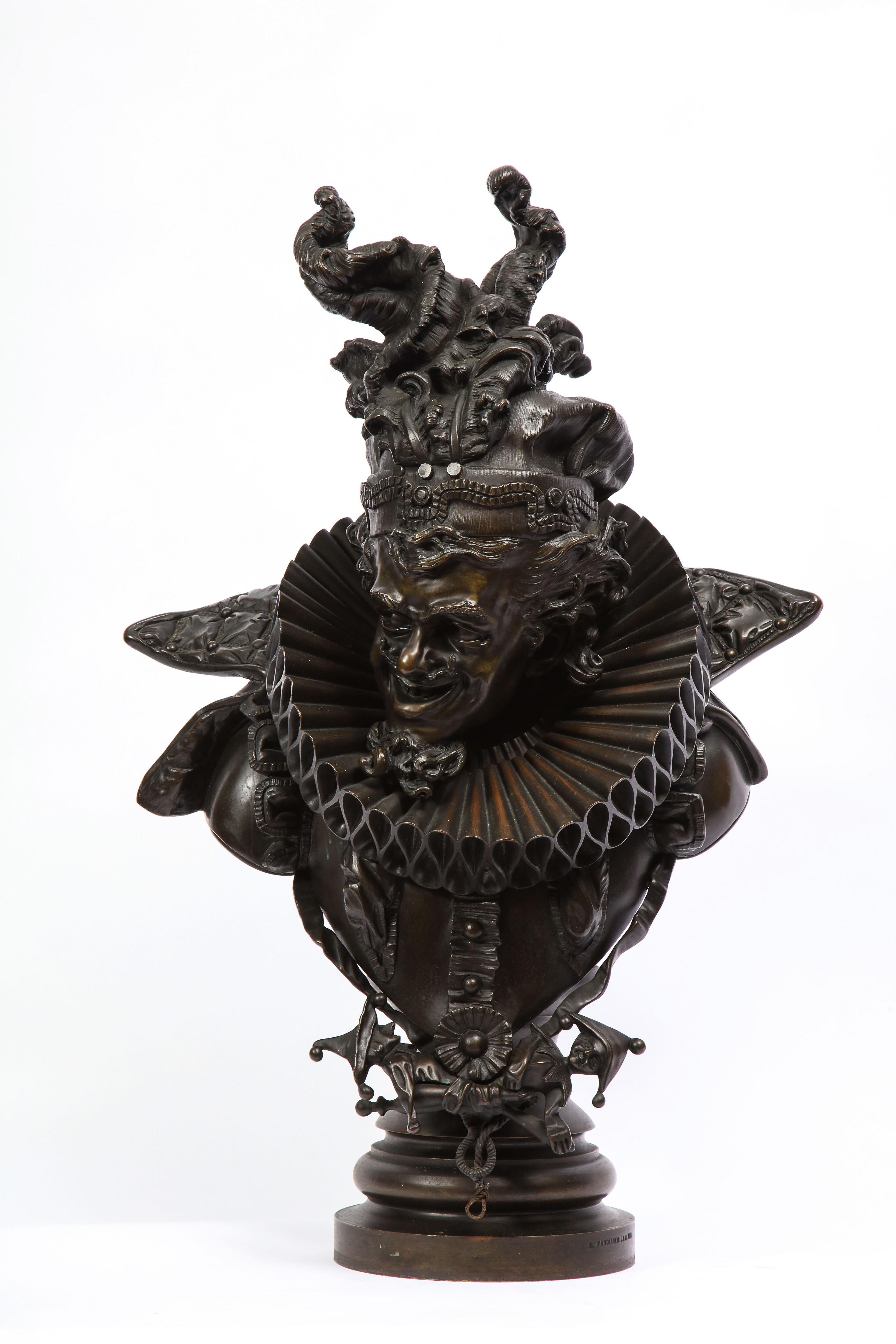 A Fabulous and Large Louis XVI Style Patinated Bronze Bust of a Court Jester, Stamped A. PANDIANI.MILANO 1888. Antonio Pandiani did an exceptional job at casting this truly remarkable bronze bust. The detail of the face, clothes, head-gear and