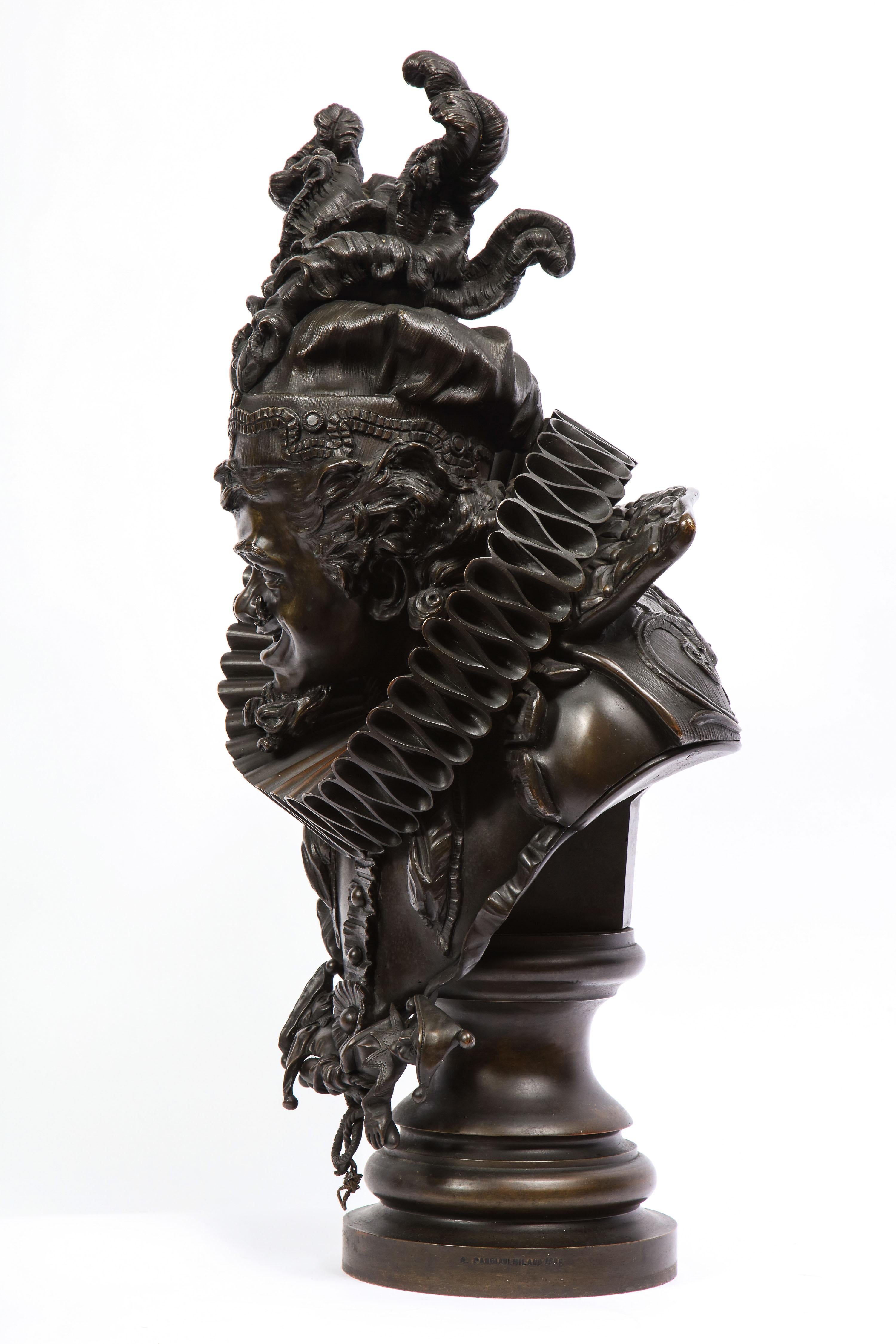 Patinated Italian Bronze Bust of a Court Jester, Signed Antonio Pandiani For Sale