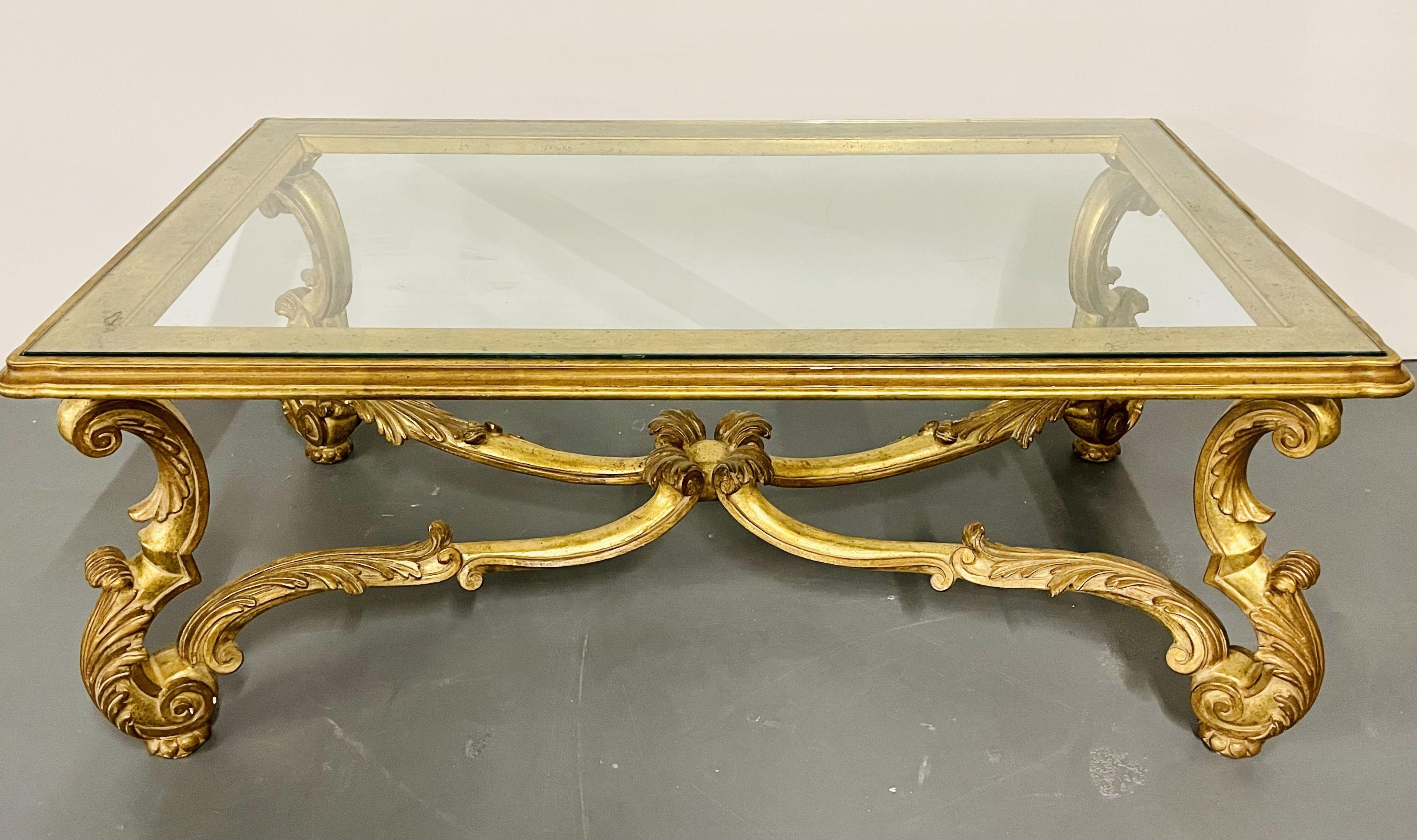 20th Century Italian Carved Glass Top Coffee Table, Gilt Wood, Hollywood Regency, Mid Cent For Sale