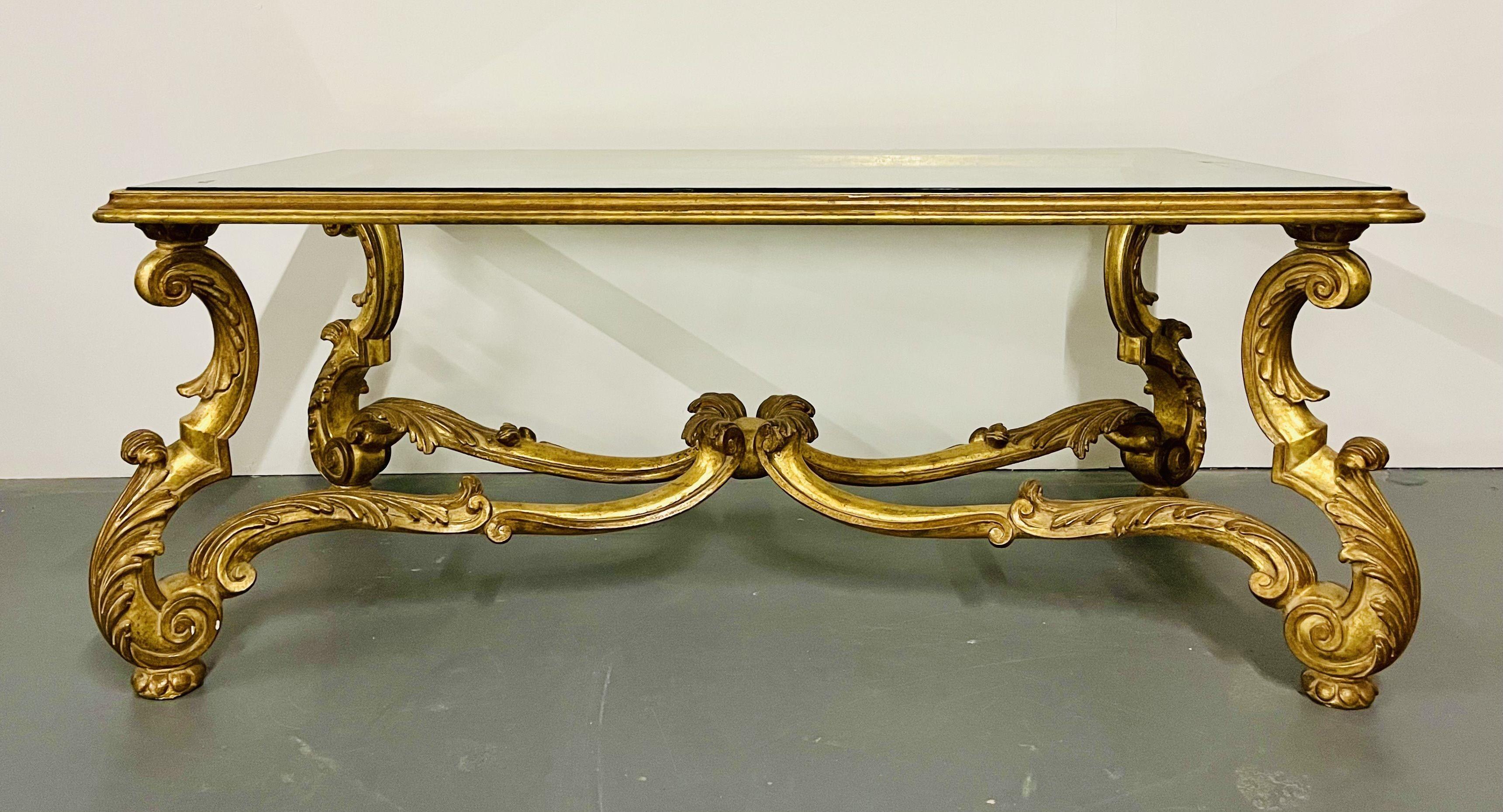 Italian Carved Glass Top Coffee Table, Gilt Wood, Hollywood Regency, Mid Cent 1