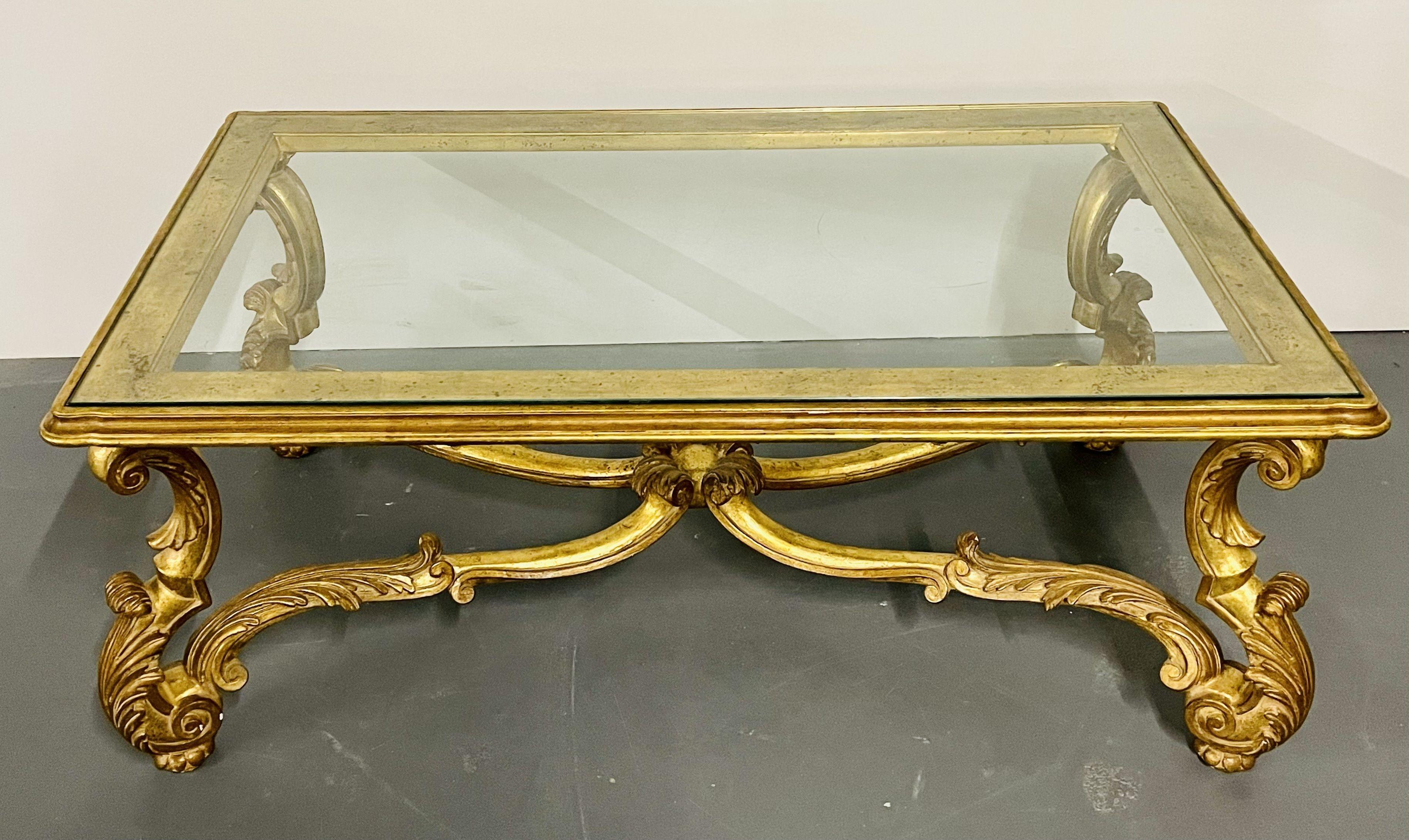 Italian Carved Glass Top Coffee Table, Gilt Wood, Hollywood Regency, Mid Cent For Sale 2