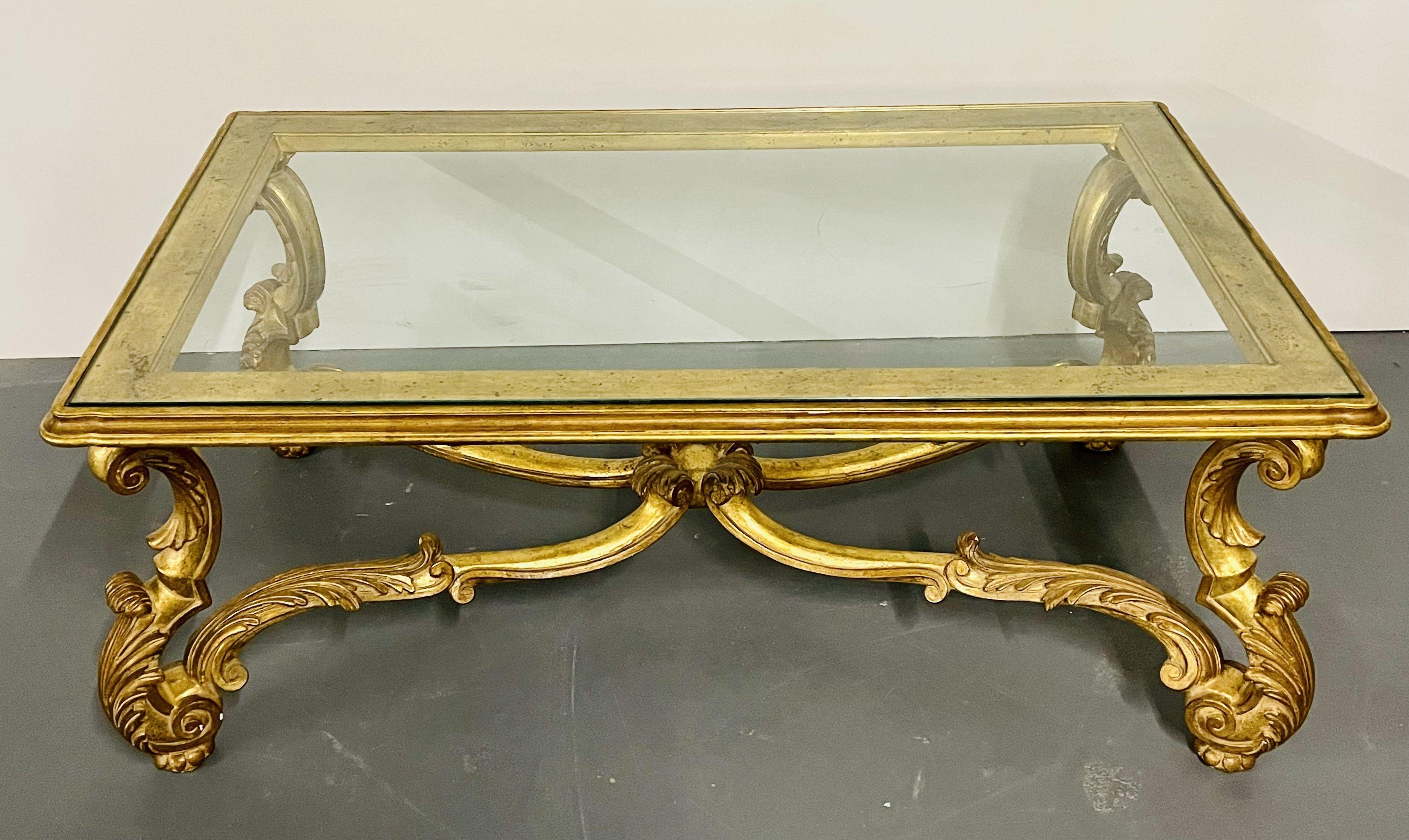 Italian Carved Glass Top Coffee Table, Gilt Wood, Hollywood Regency, Mid Cent 2