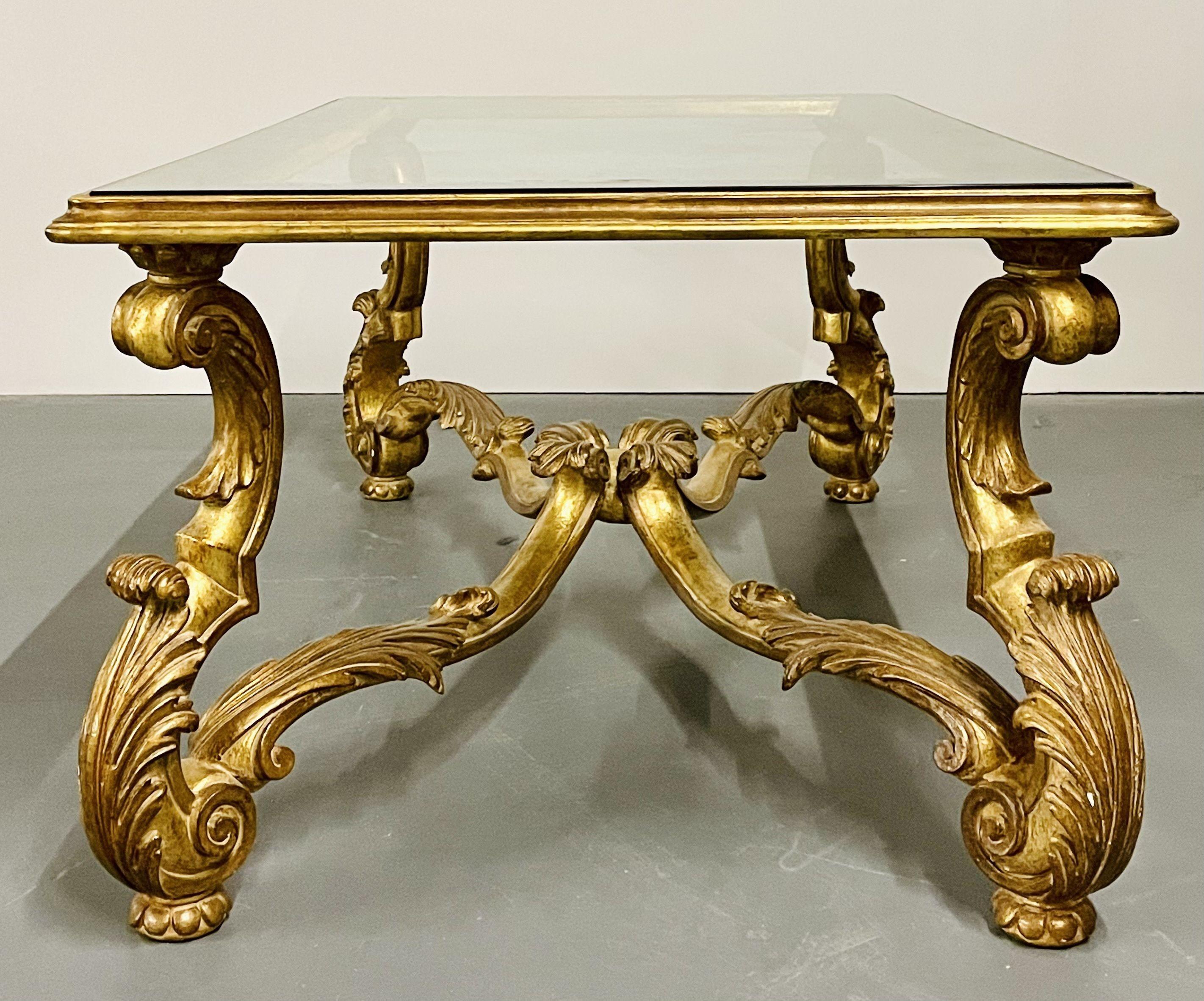 Italian Carved Glass Top Coffee Table, Gilt Wood, Hollywood Regency, Mid Cent For Sale 5