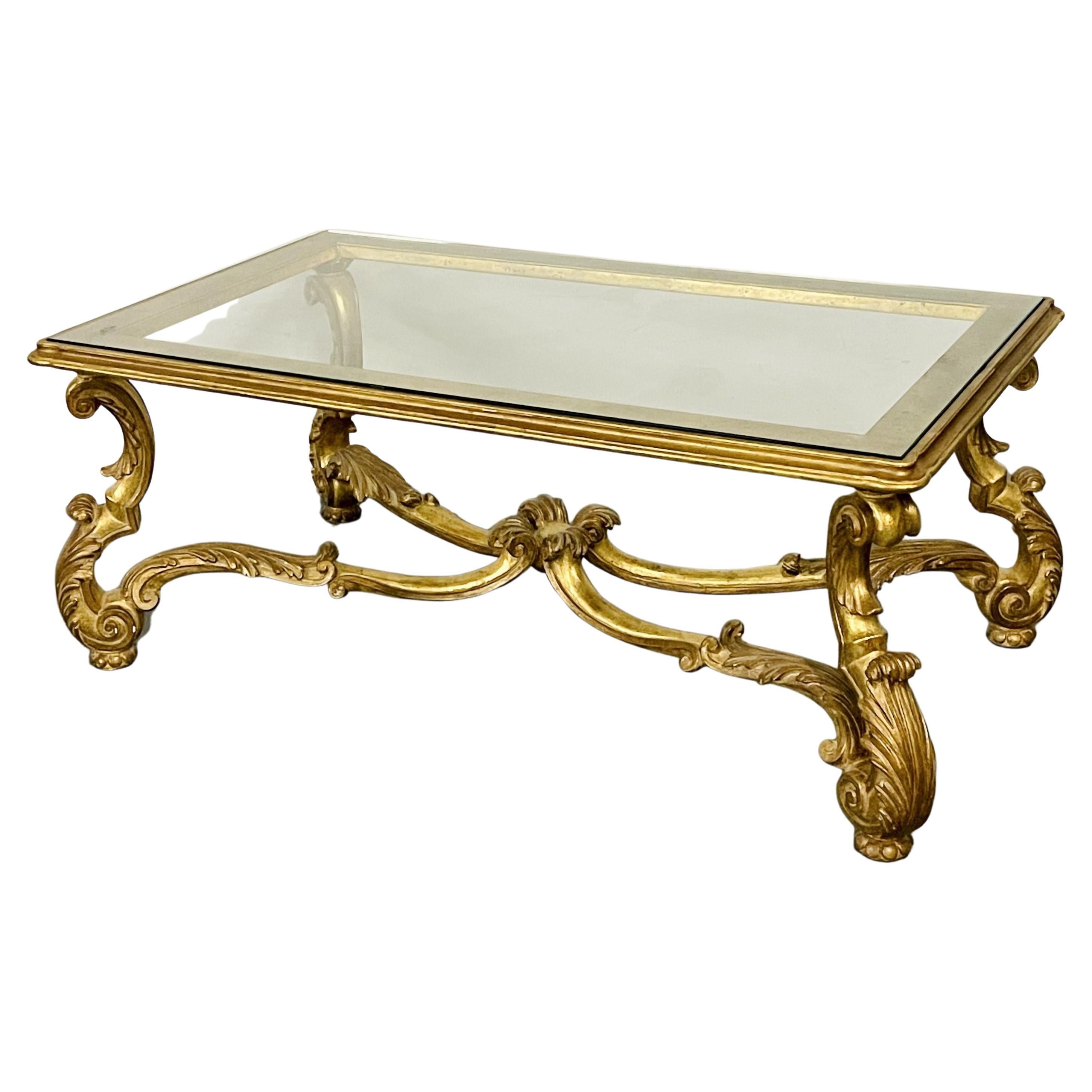 Italian Carved Glass Top Coffee Table, Gilt Wood, Hollywood Regency, Mid Cent For Sale