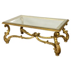 Italian Carved Glass Top Coffee Table, Gilt Wood, Hollywood Regency, Mid Cent