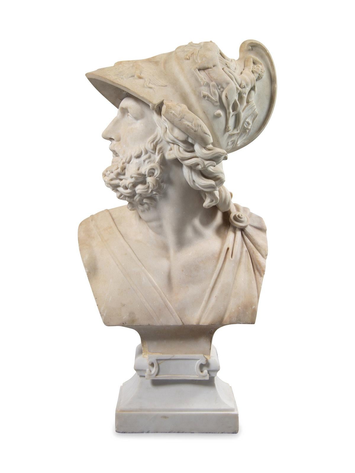 A magnificent Carrara marble bust of Ajax. Exquisite rendering of the Greek hero featuring elaborate helmet. On an associated square base. 
After Gian Lorenzo Bernini (Italian, 1598-1680), circa 1880
Measures: Height 37 1/2 inches
Width 19 inches