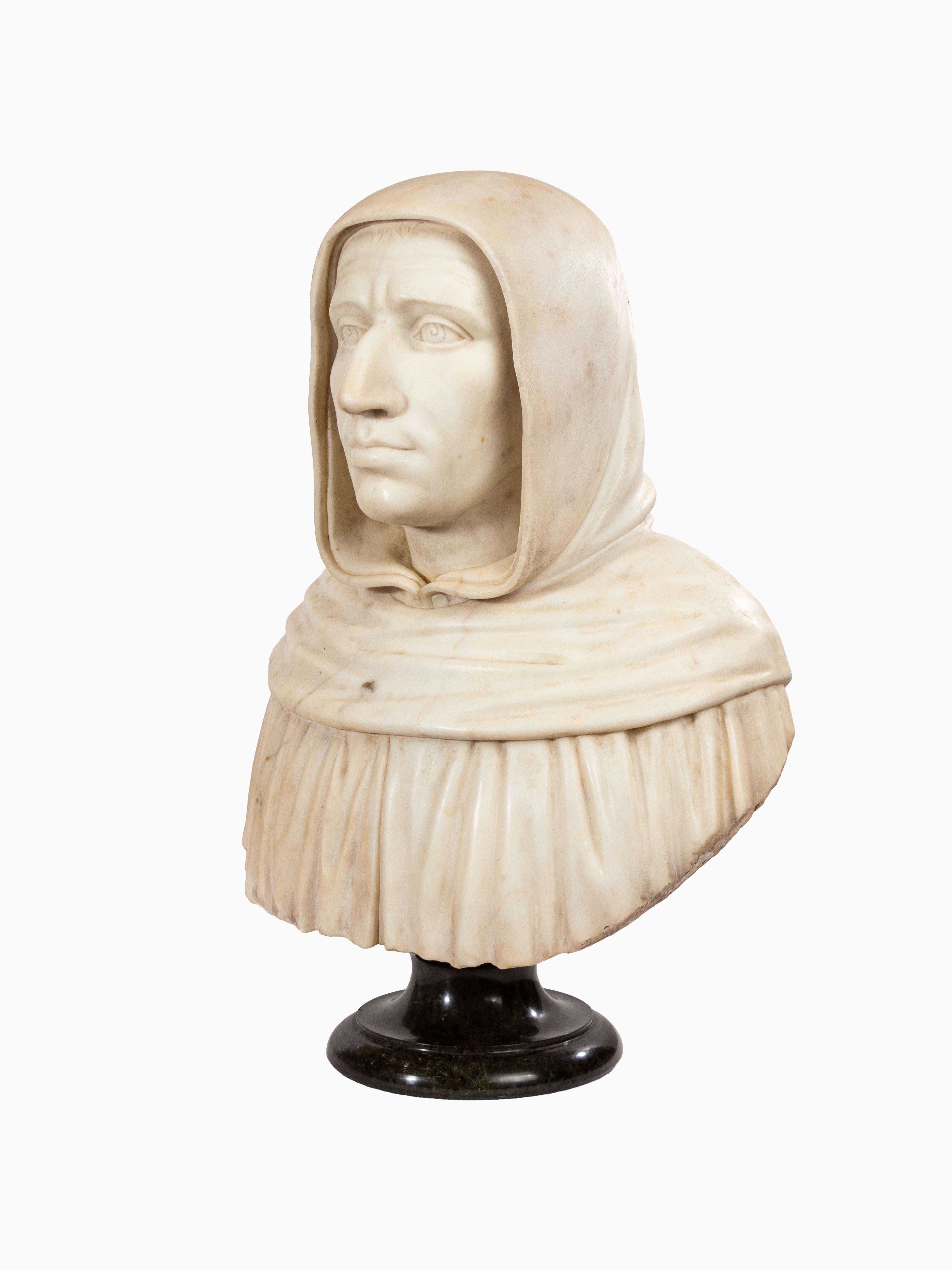 A 19th Century Italian carved bust of Girolamo Savonarola. Signed by the artist, 