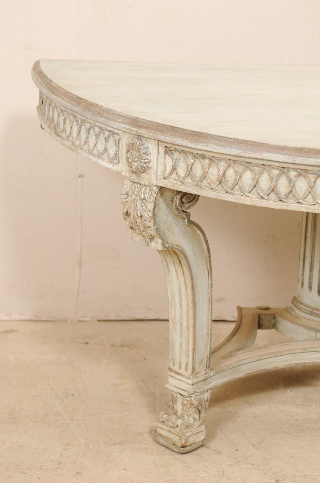 Italian Demi-Lune Console Table w/Beautifully Carved Adornment & Fluted Column In Good Condition For Sale In Atlanta, GA