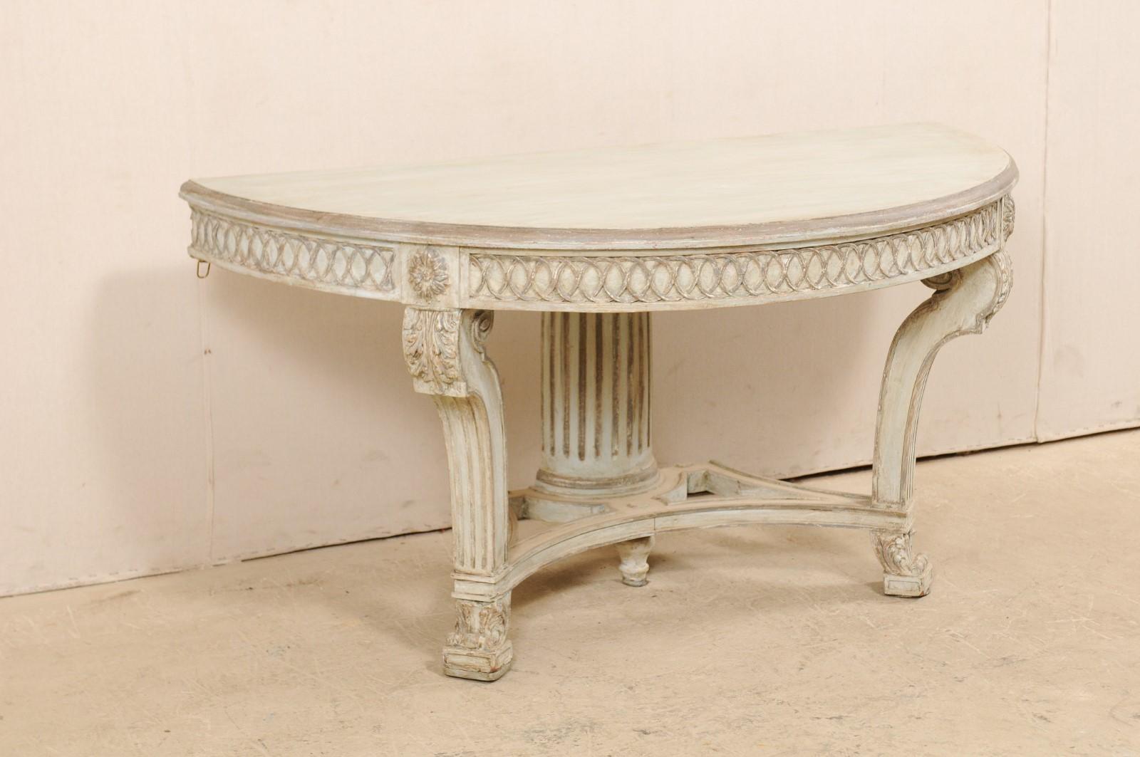 20th Century Italian Demi-Lune Console Table w/Beautifully Carved Adornment & Fluted Column For Sale