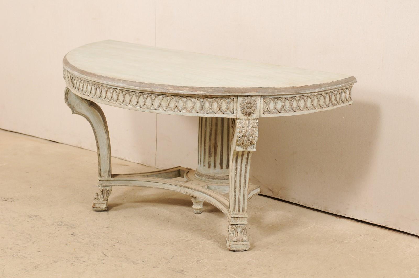 Wood Italian Demi-Lune Console Table w/Beautifully Carved Adornment & Fluted Column For Sale