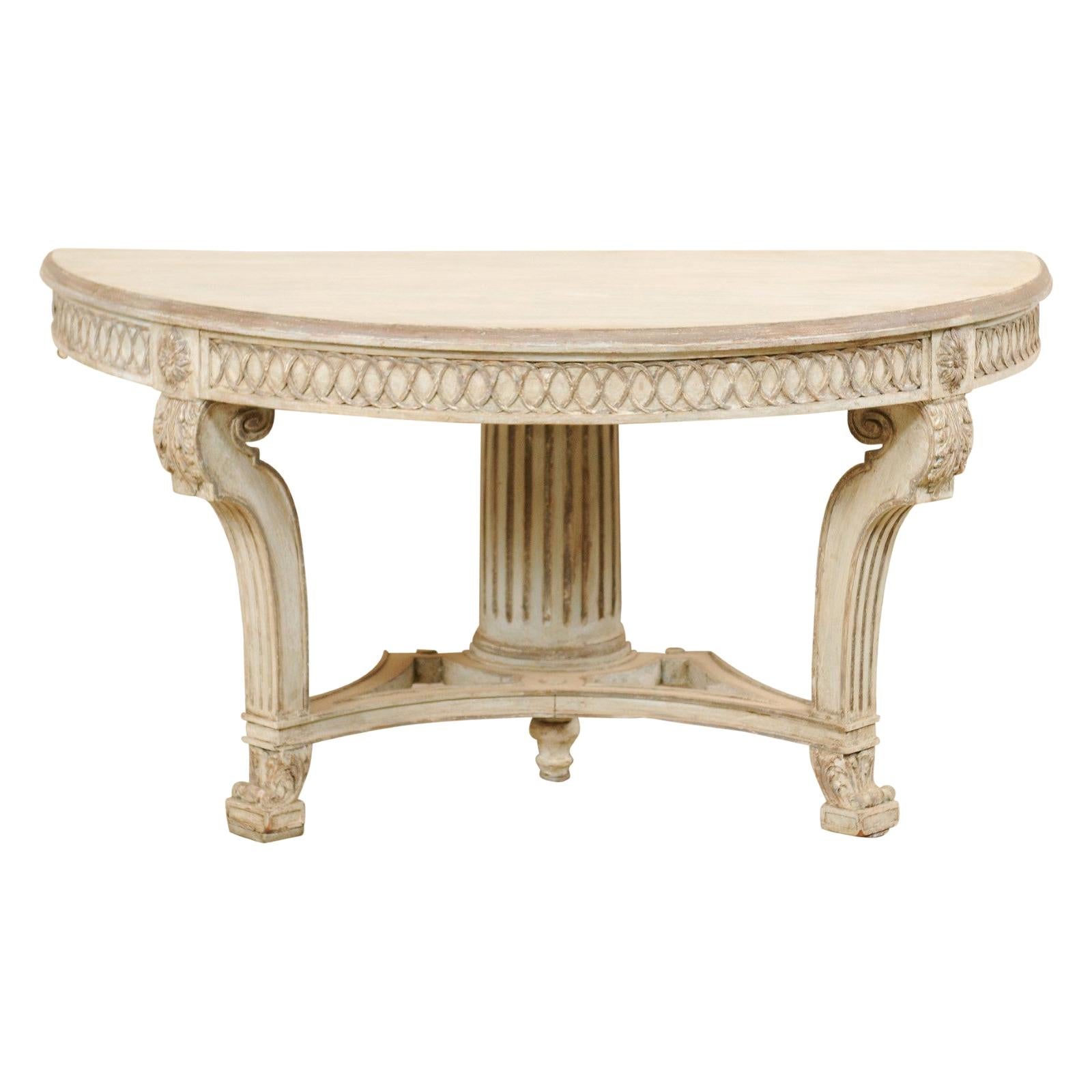 Italian Demi-Lune Console Table w/Beautifully Carved Adornment & Fluted Column