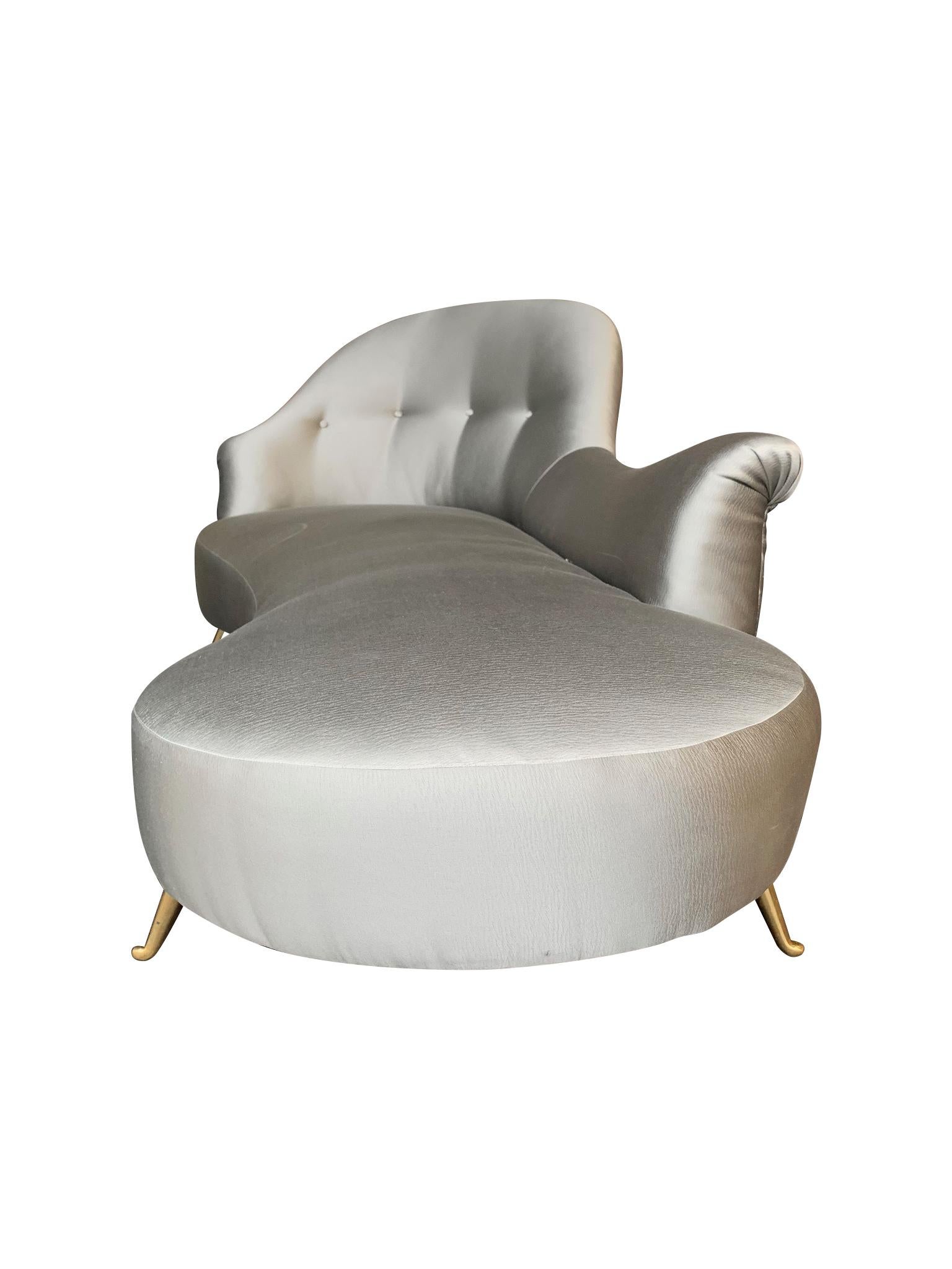 Italian Chaise Longue Upholstered in Champagne Grey Fabric with Brass Feet 1