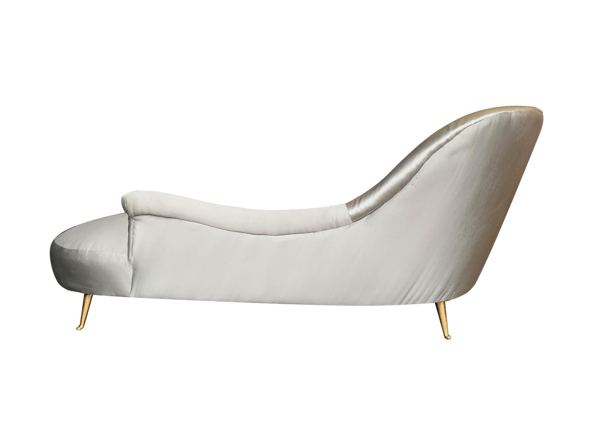 Italian Chaise Longue Upholstered in Champagne Grey Fabric with Brass Feet 2