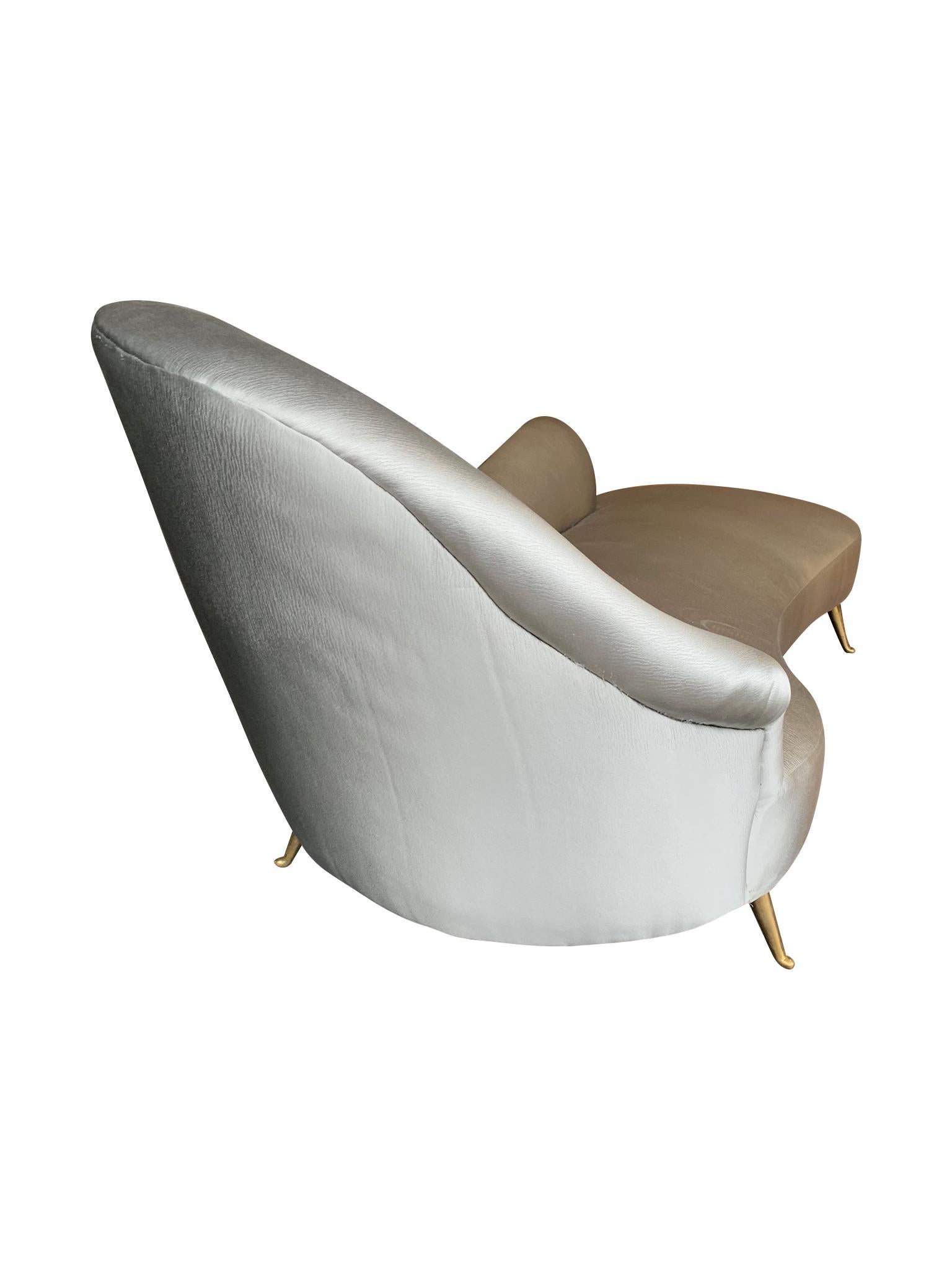 Italian Chaise Longue Upholstered in Champagne Grey Fabric with Brass Feet 3