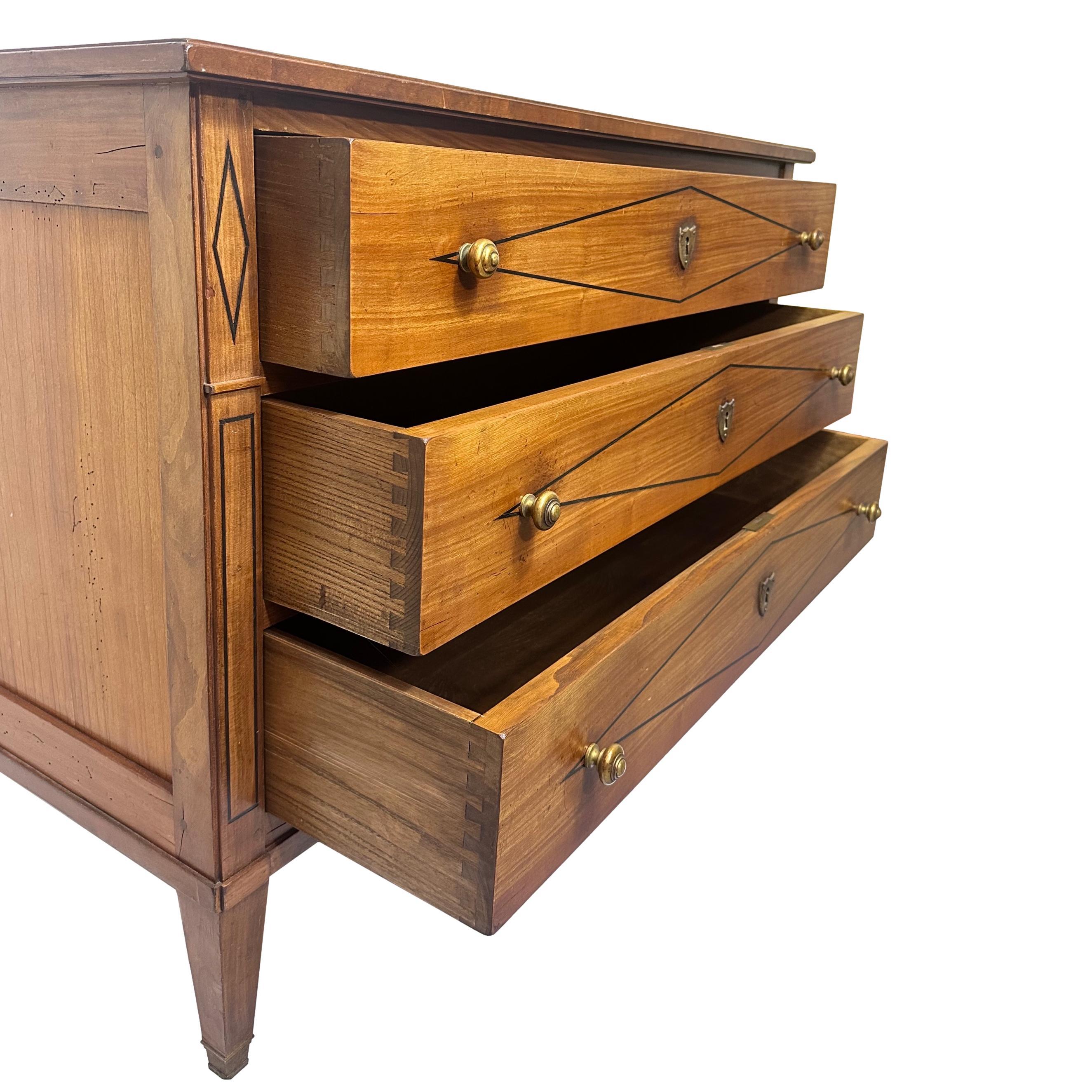 Hand-Crafted An Italian Cherry Neoclassical Three-Drawer Commode, Black Inlay, ca. 1890