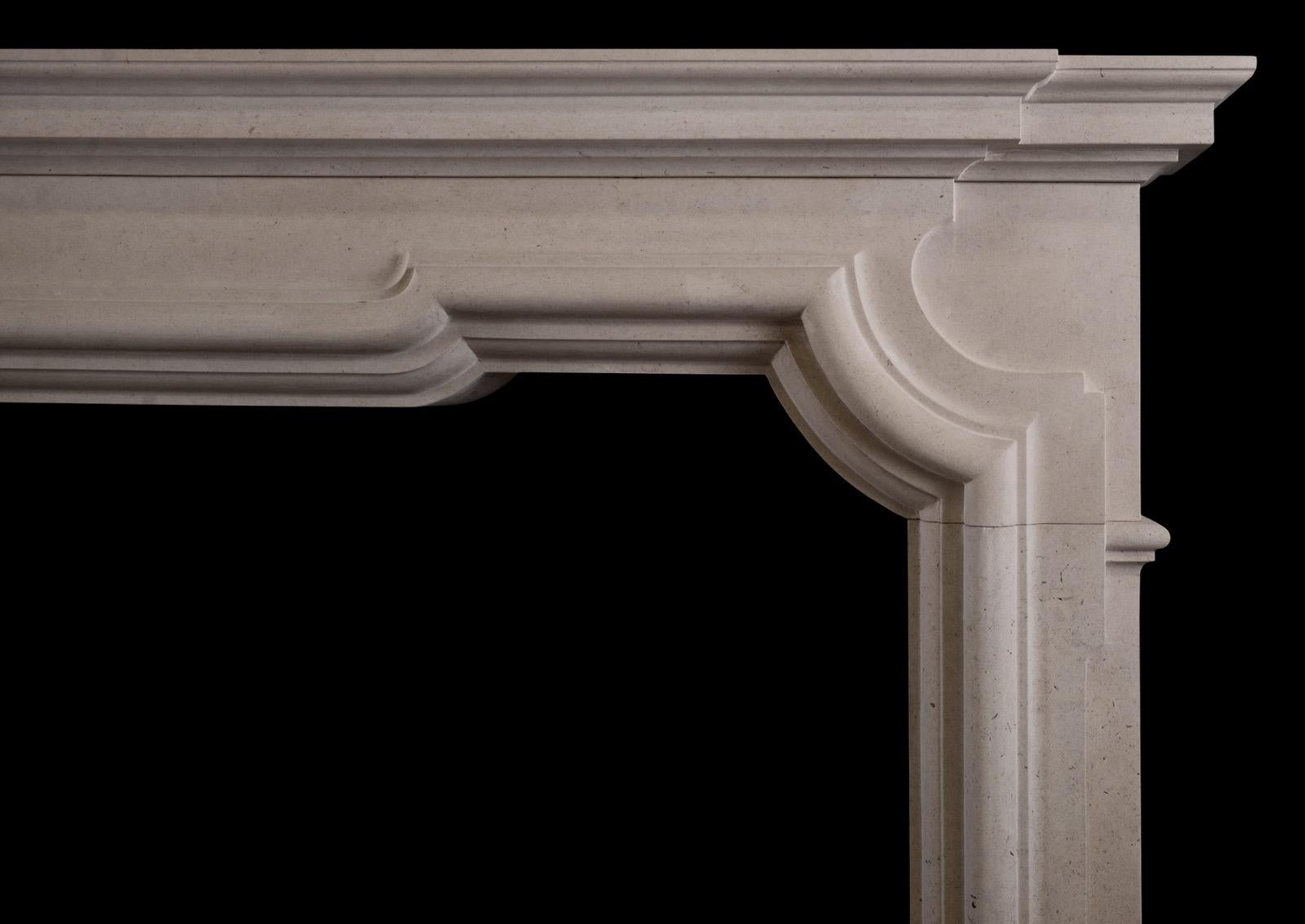 A good quality Italian fireplace in the Baroque manner in Portland stone. The shaped frieze with heavy moulding and breakfront shelf above. A substantial piece. Modern.

N.B. May be subject to extended lead time.

Sizes:
Shelf Width:	        1880 mm