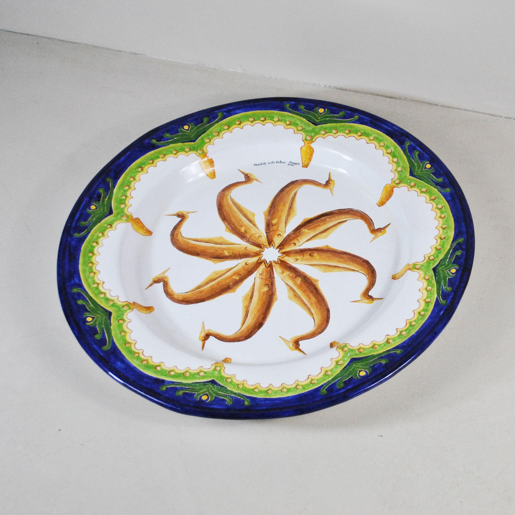 An Italian contemporary large ornamental plate centerpiece, the plate is signed by Tarshito author in the 2004.
Tarshito architect first artist after, born in Bari in southern Italy where lives and works now.