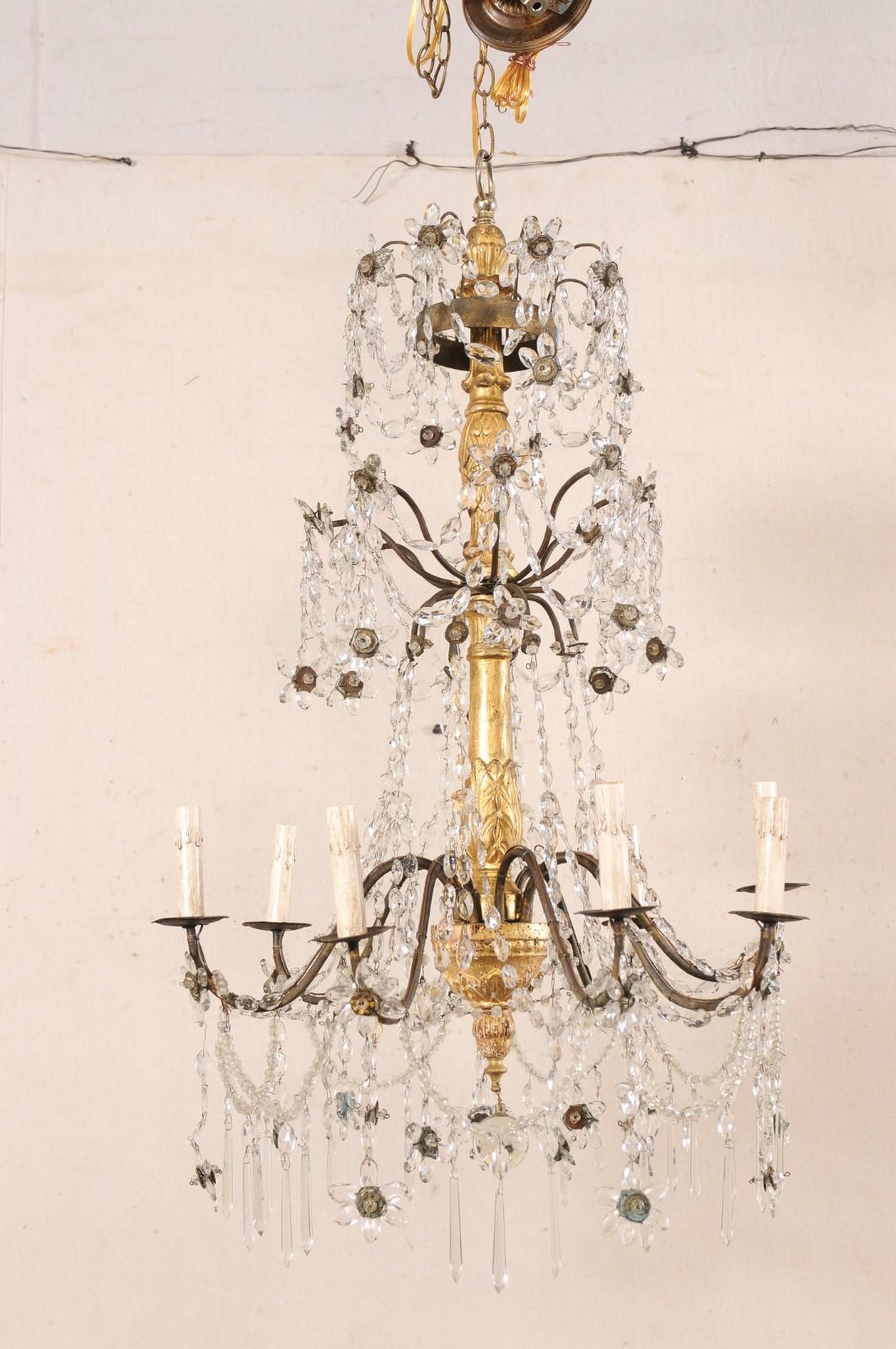 Lustre italien à colonnes en cristal et bois doré, recâblé pour les États-Unis en vente 6