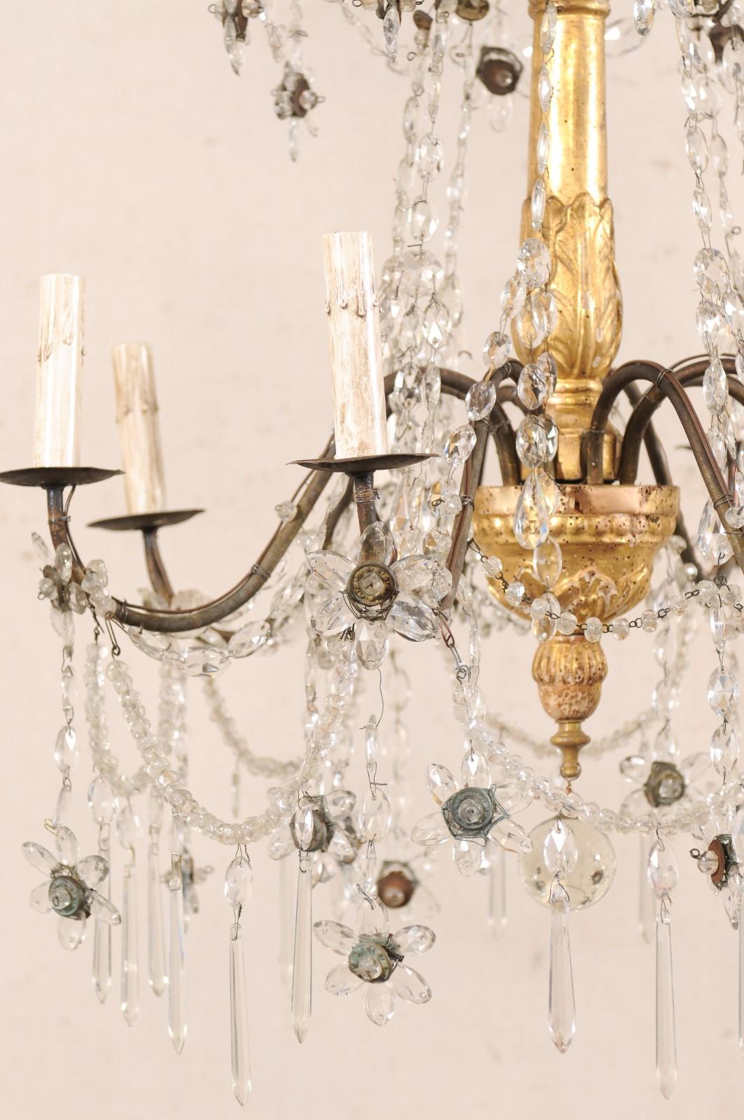 Lustre italien à colonnes en cristal et bois doré, recâblé pour les États-Unis en vente 1