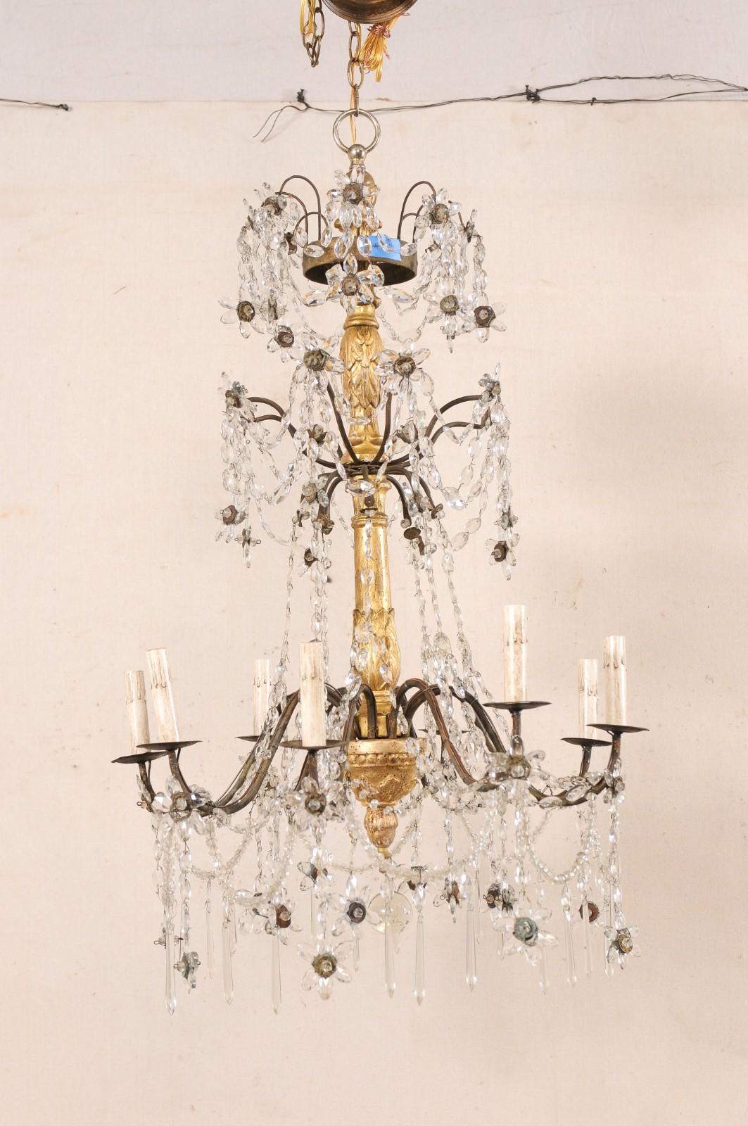 Lustre italien à colonnes en cristal et bois doré, recâblé pour les États-Unis en vente 4