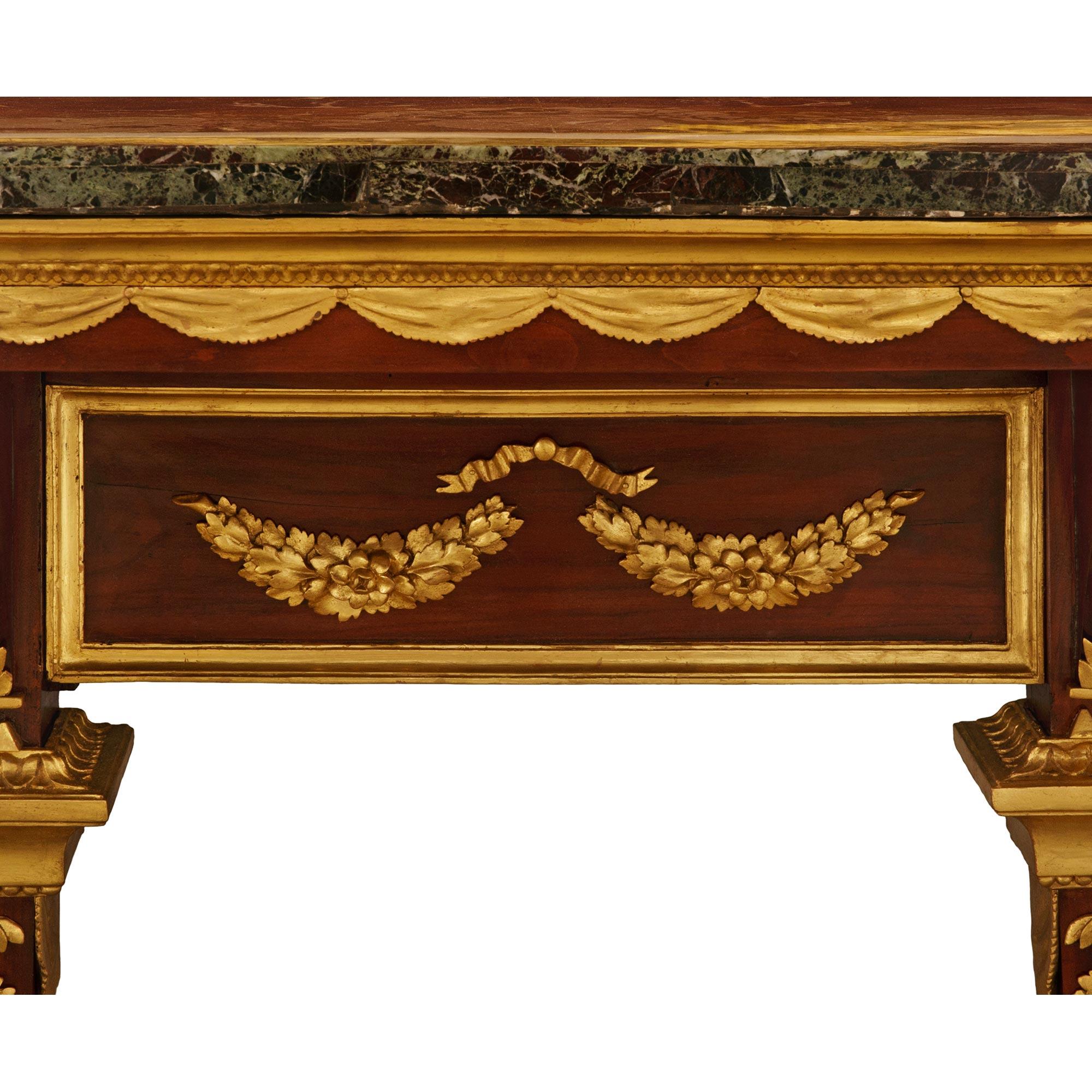 19th Century An Italian early 19th century Mahogany, Giltwood and veneered marble console For Sale