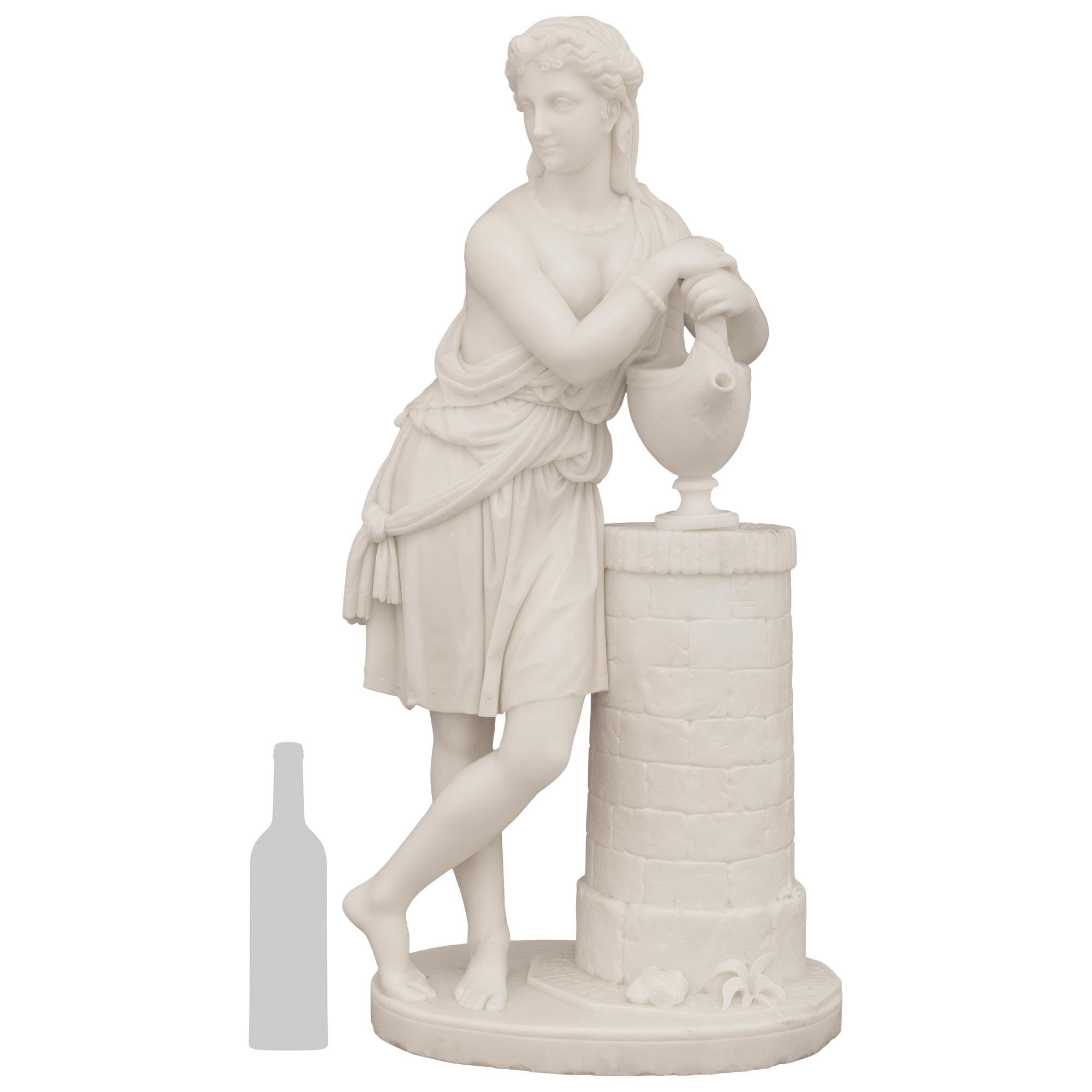 






A spectacular and highly detailed Italian early 19th century white Carrara marble statue of Rebecca at the well, signed by Carmelo Fontana (1775-1825). Rebecca is standing proudly on an oval shaped marble base with foliage and is leaning