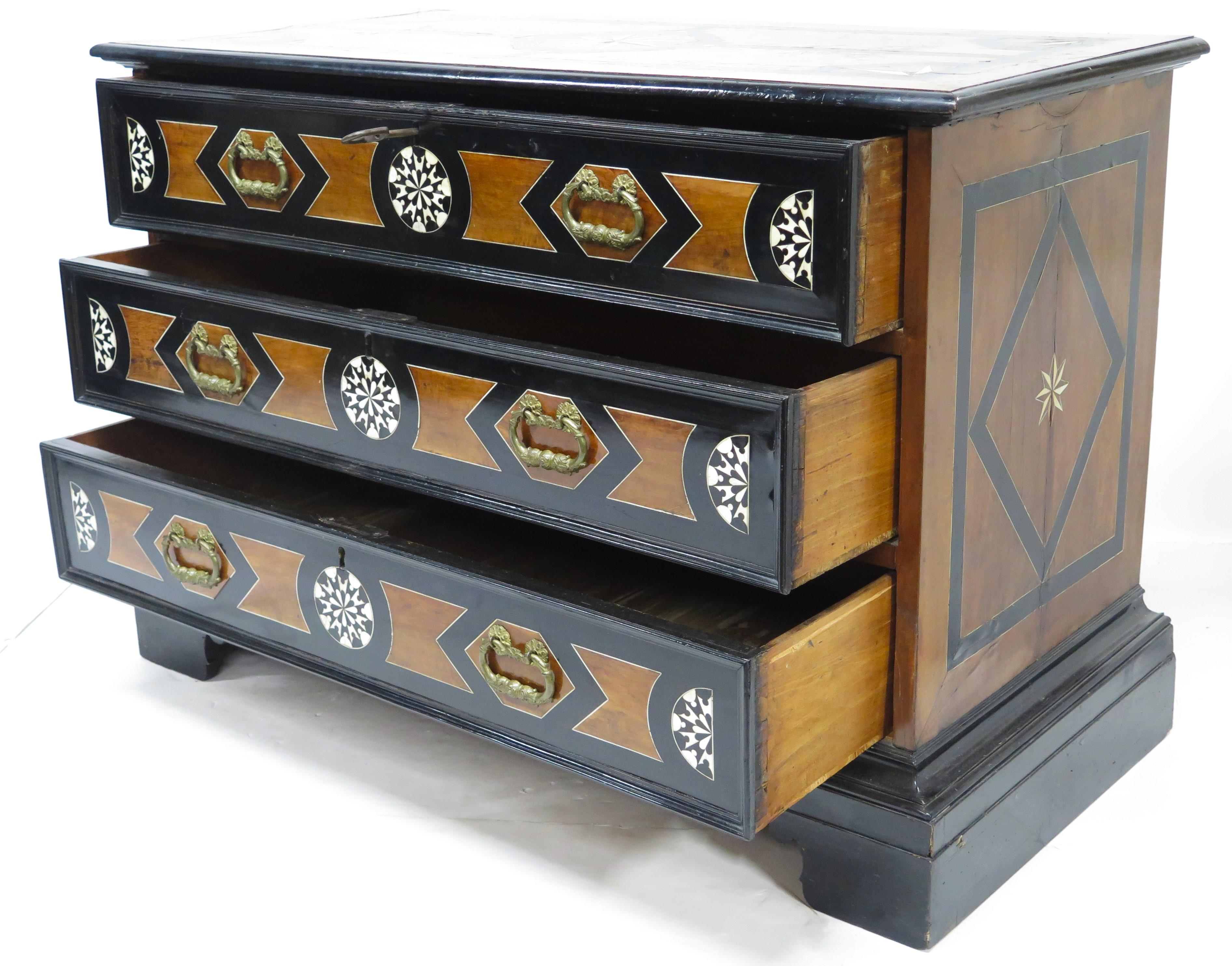 An Italian Ebonized Fruitwood and Bone Inlaid Three Drawer Commode For Sale 2
