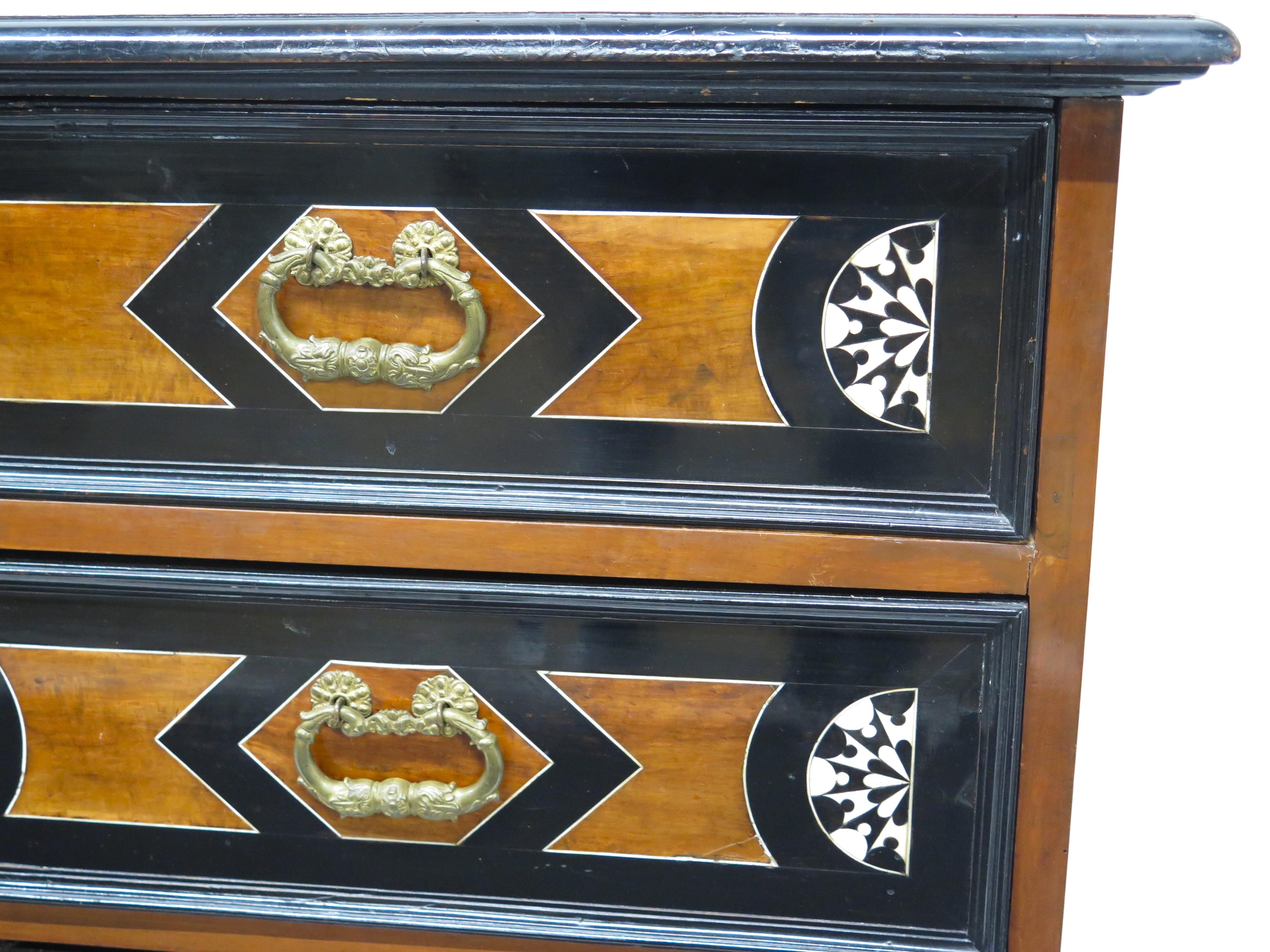 An Italian Ebonized Fruitwood and Bone Inlaid Three Drawer Commode For Sale 4