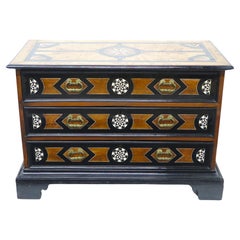 An Italian Ebonized Fruitwood and Bone Inlaid Three Drawer Commode