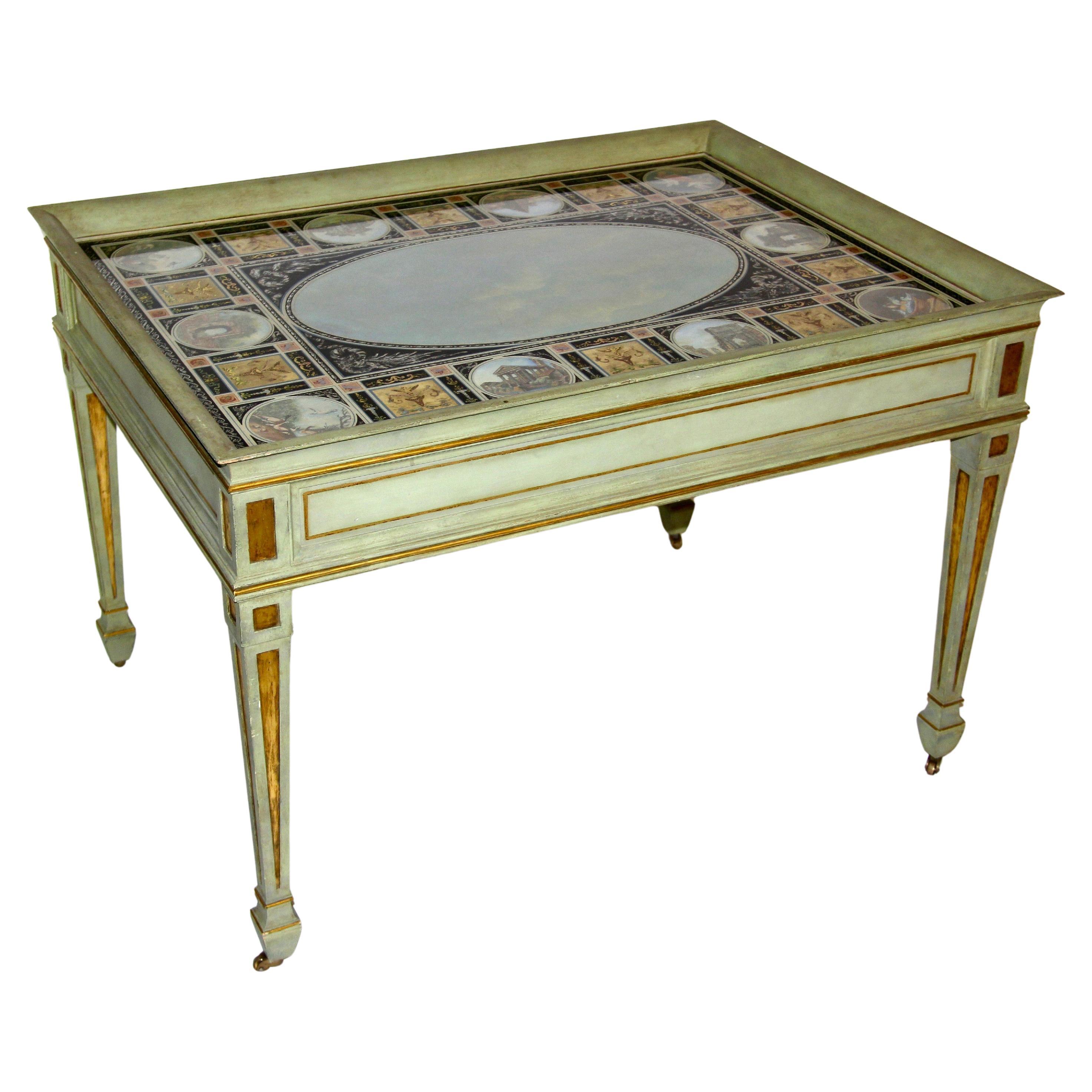 Table basse italienne en verre peint et bois peint et doré