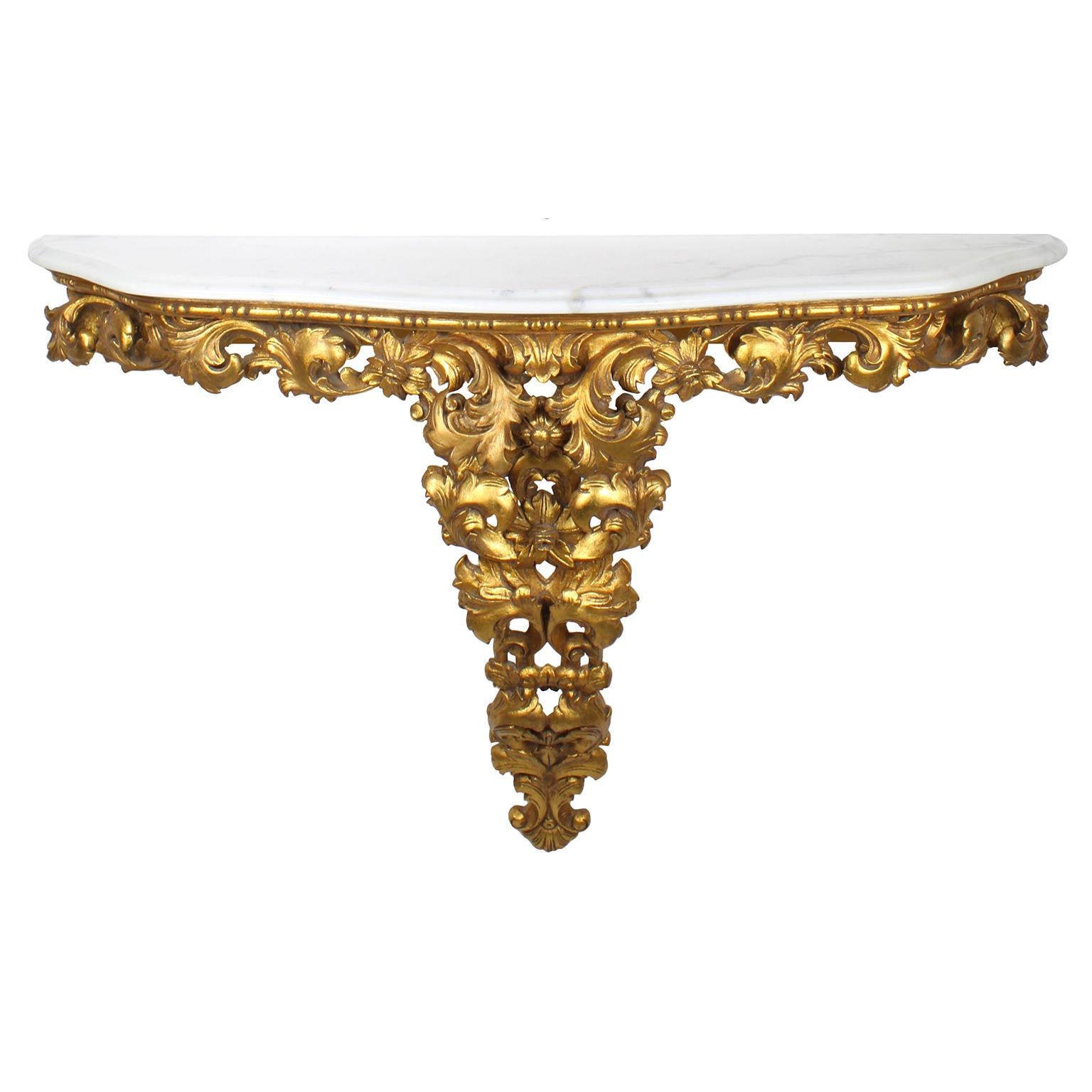 Rococo Revival Italian Florentine Gilt Wood Carved Oval Mirror & Marble Top Console Set For Sale