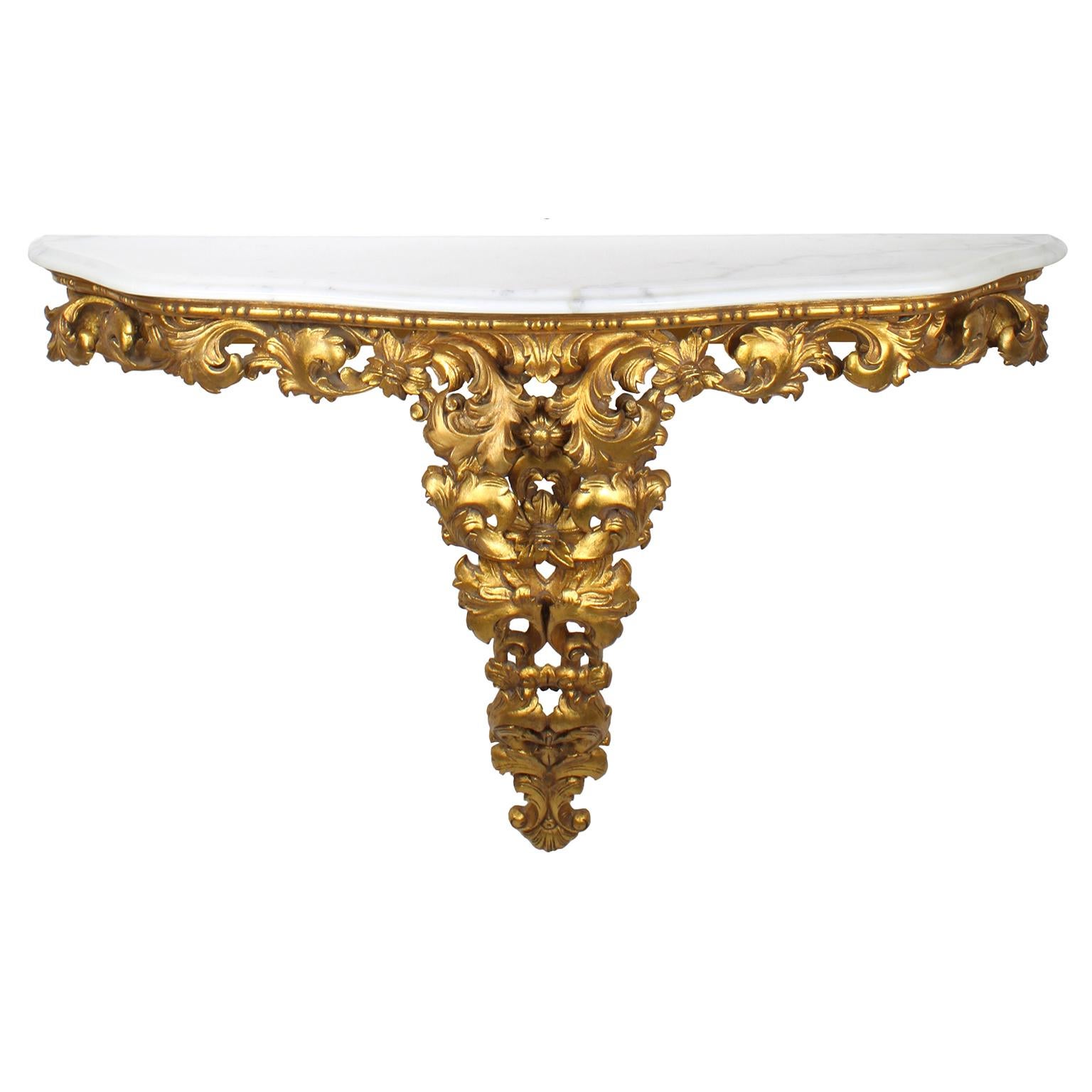 Néo-rococo Ensemble console italien de style florentin en bois doré sculpté avec miroir ovale et plateau en marbre en vente
