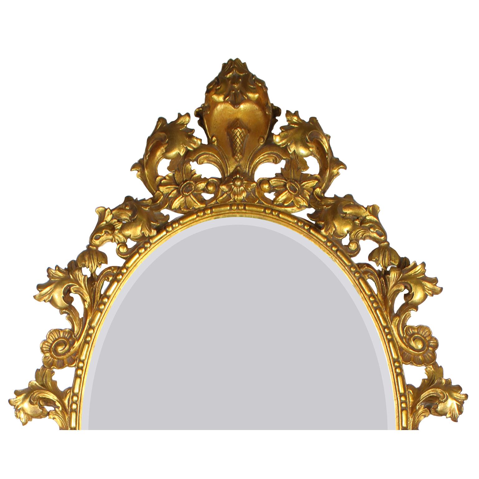 Italian Florentine Gilt Wood Carved Oval Mirror & Marble Top Console Set In Fair Condition For Sale In Los Angeles, CA
