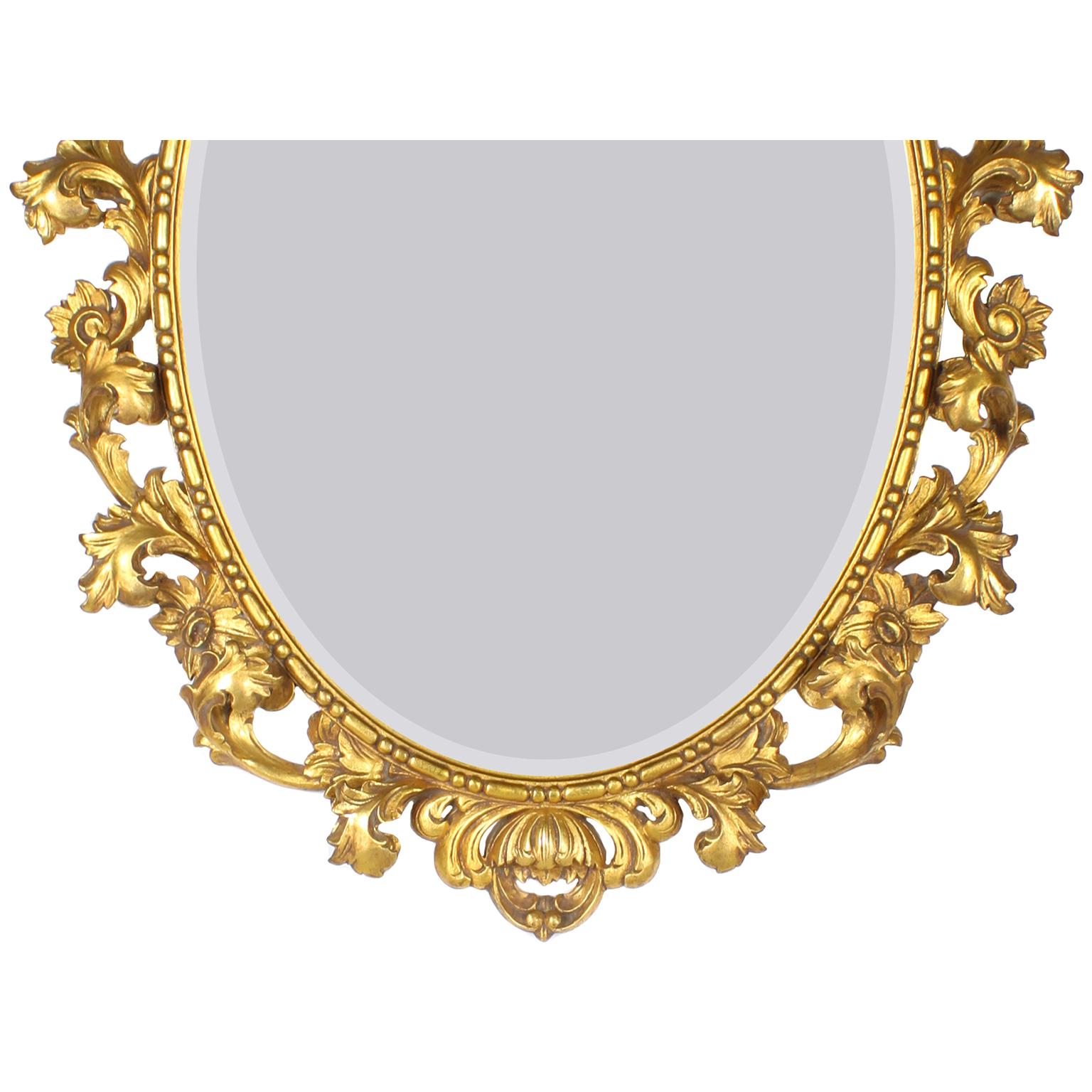 Italienischer Florentiner vergoldetes Holz geschnitzt Oval Spiegel & Marmorplatte Konsole Set im Zustand „Relativ gut“ im Angebot in Los Angeles, CA