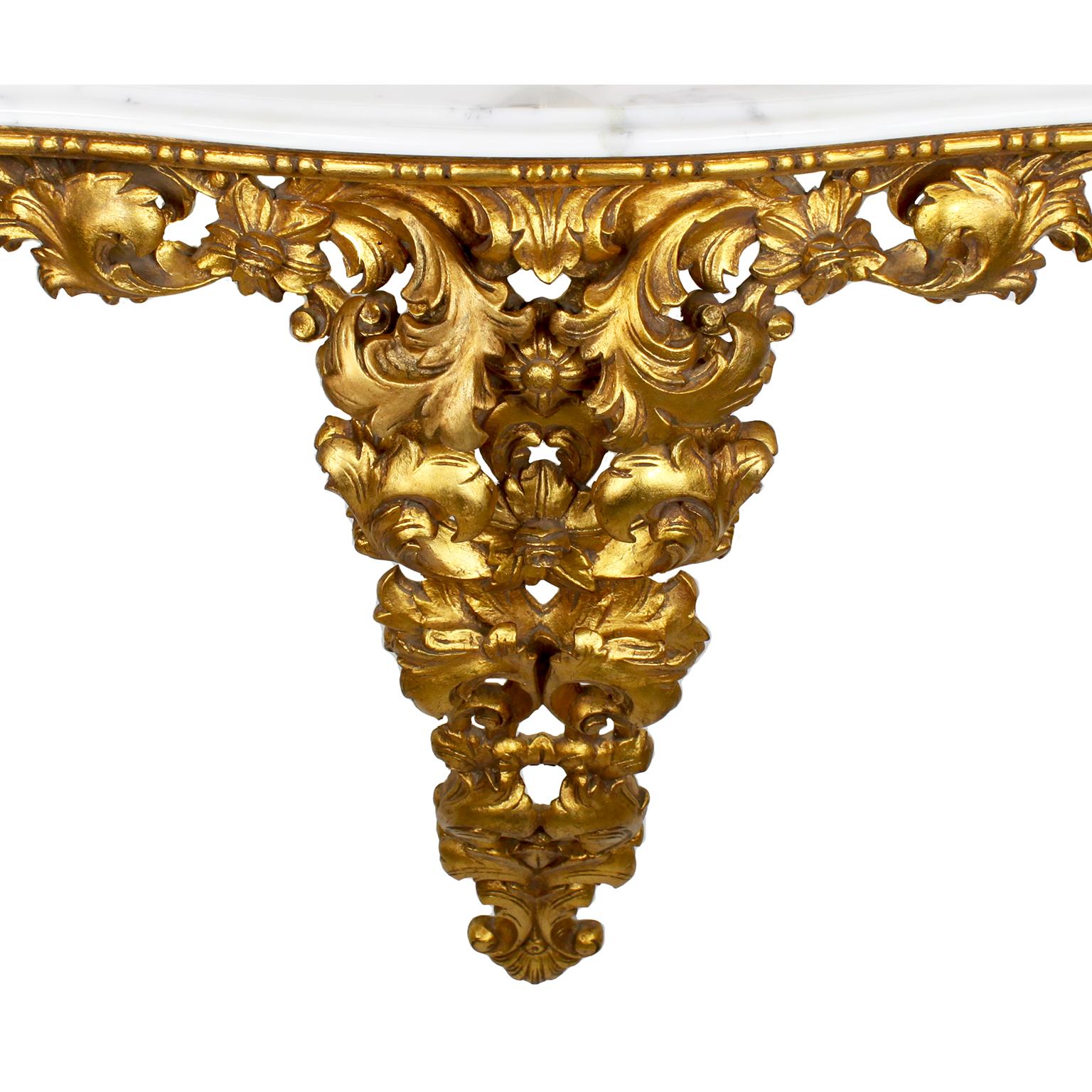 Ensemble console italien de style florentin en bois doré sculpté avec miroir ovale et plateau en marbre en vente 1