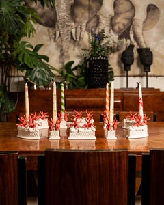 An Italian Garden Hand-Made Ceramic Candlestick Holder Centerpiece - Red