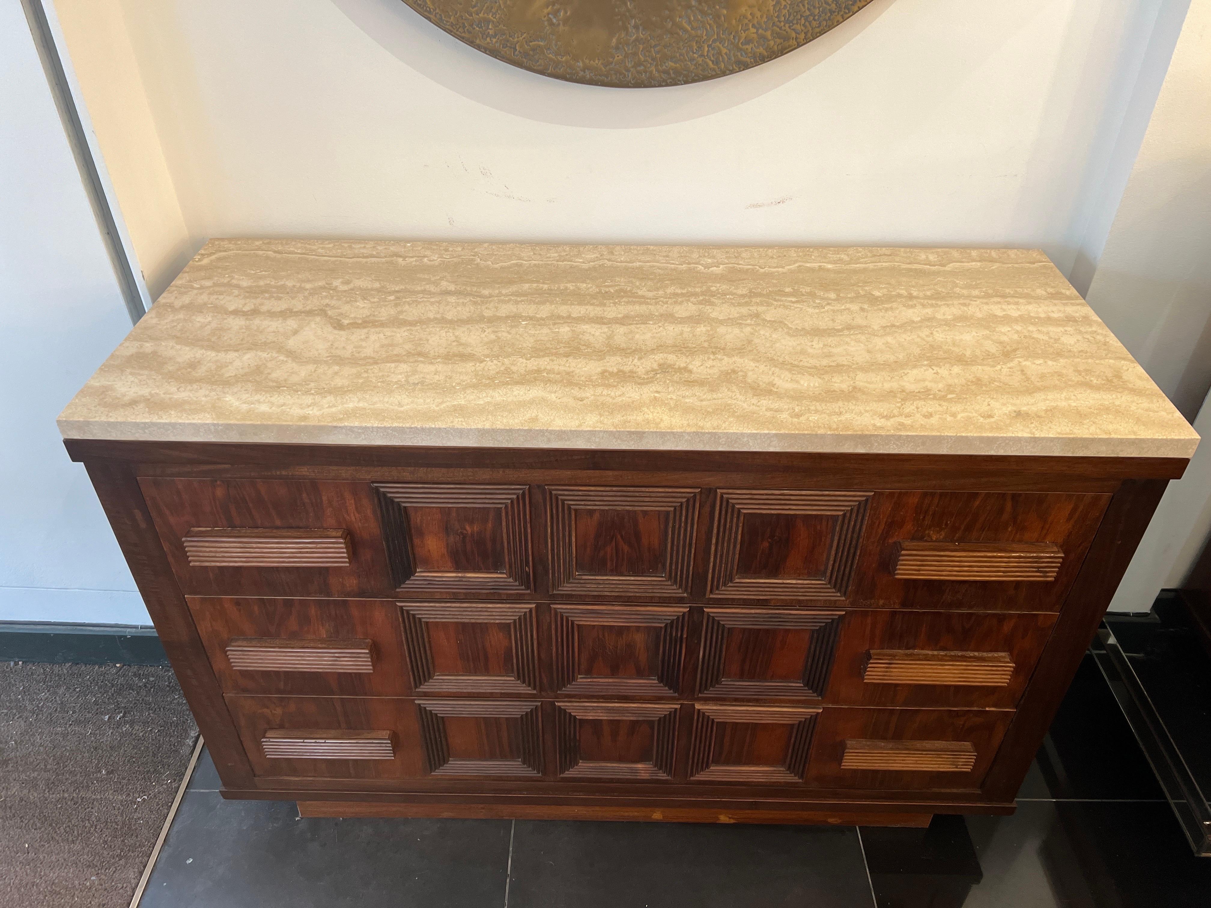 20th Century An Italian Geometric design 3 drawers commode with travertine top .  For Sale