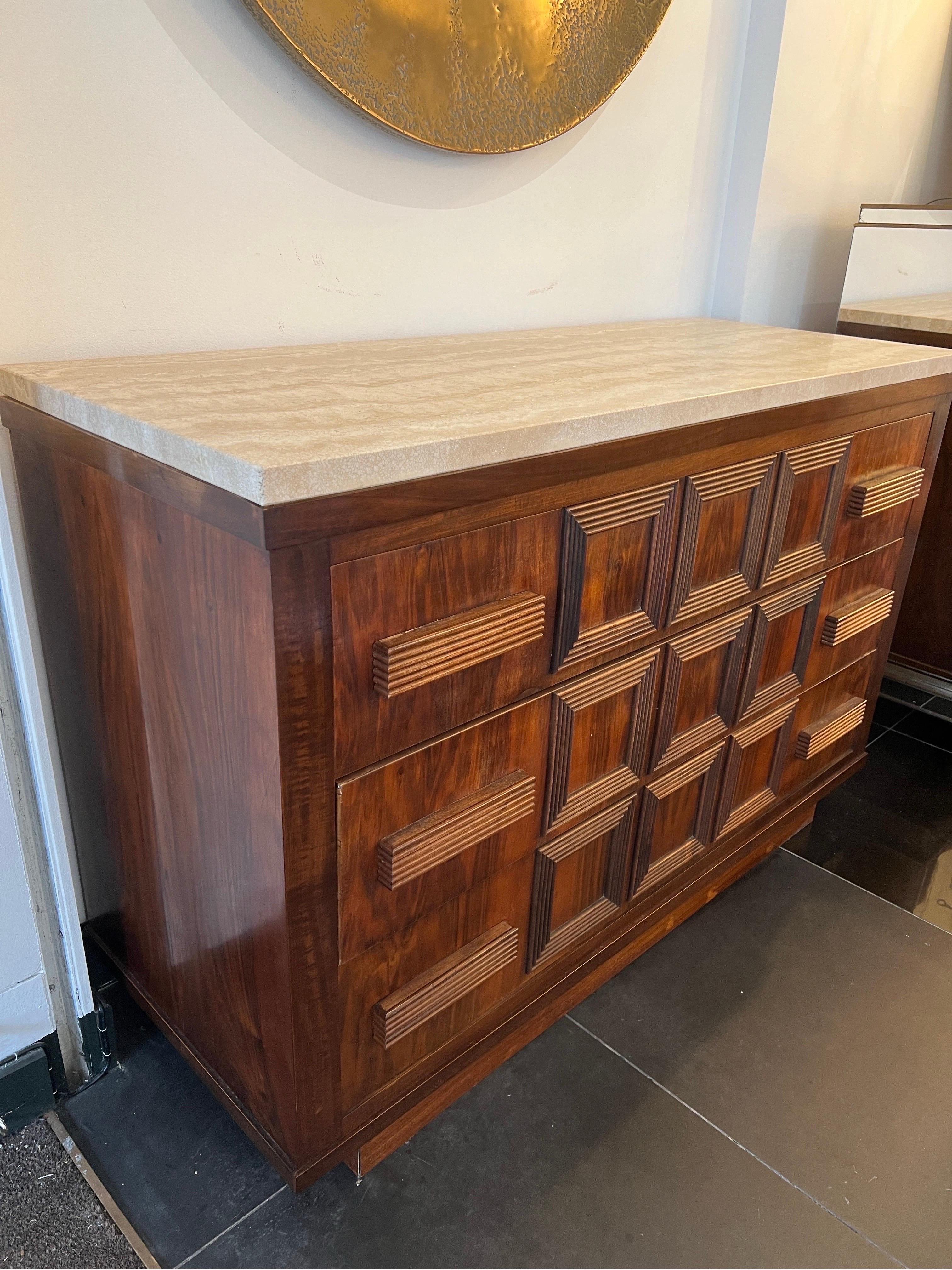 An Italian Geometric design 3 drawers commode with travertine top .  For Sale 1