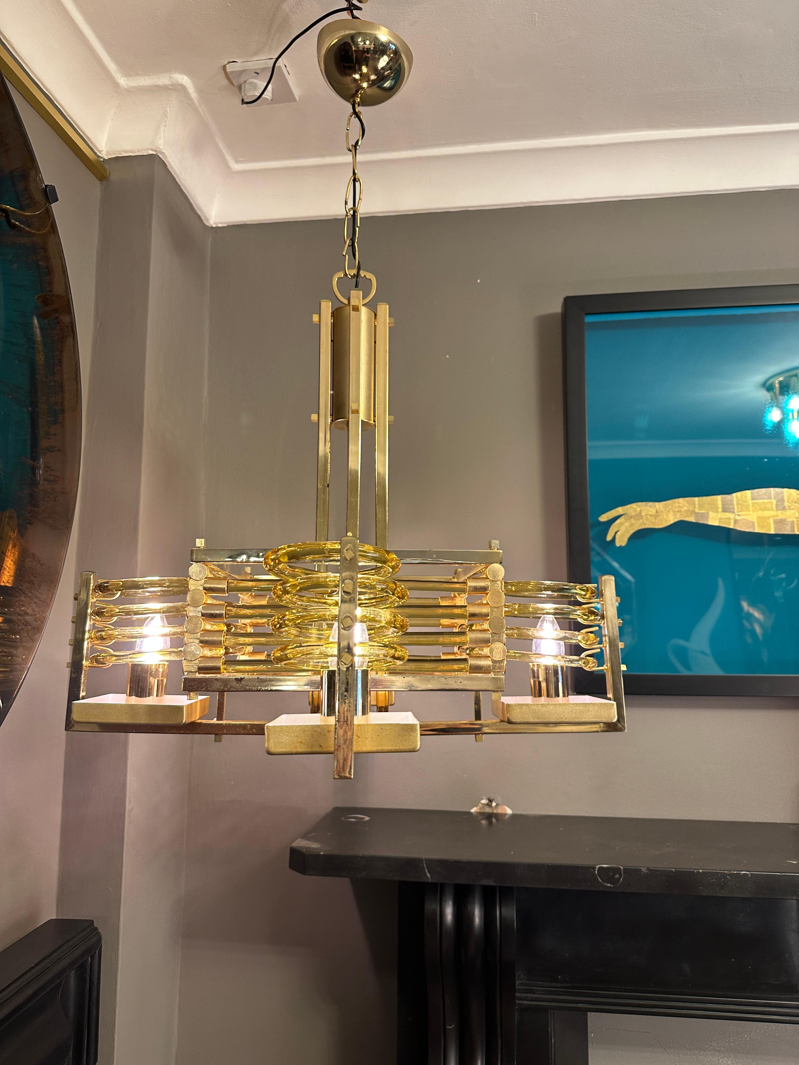 Mid-Century Modern An Italian Gold Plate and Murano Glass Chandelier  For Sale