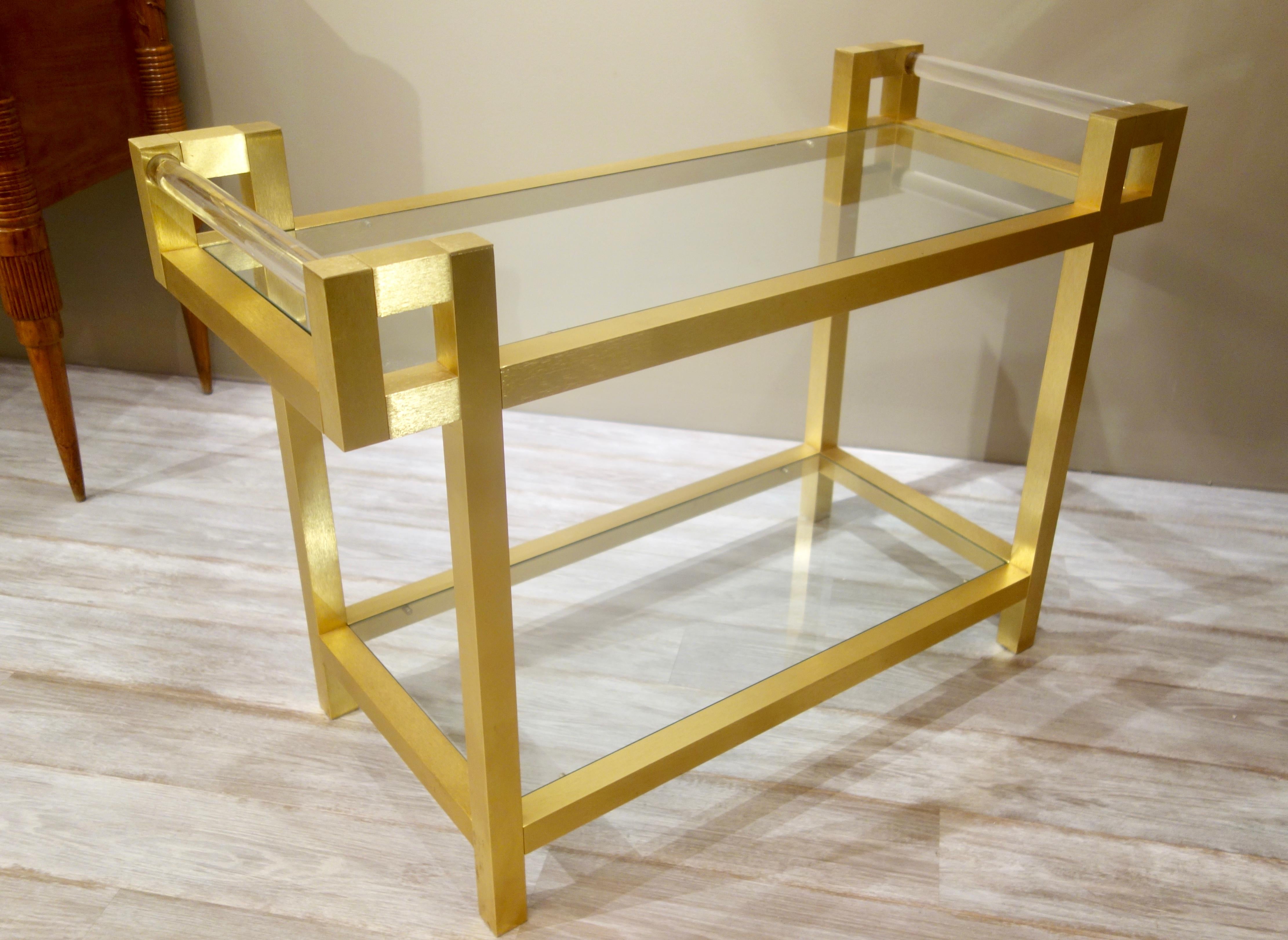 Mid-Century Modern Italian Gold Tone Bar Cart with Lucite Handles Attributed to Romeo Rega