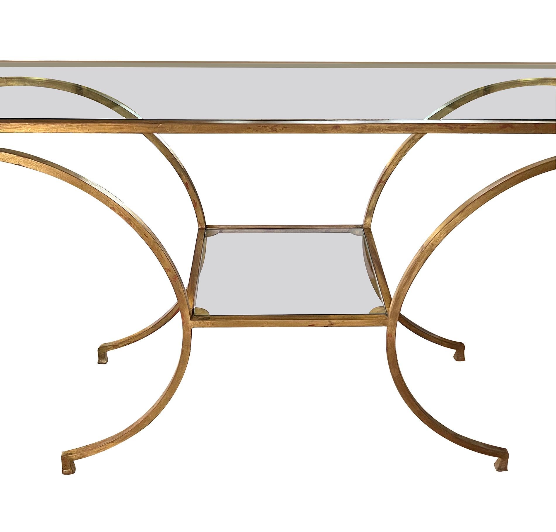 Mid-20th Century An Italian Greco Roman Style Gilt-metal Console Table with Glass Top and Shelf  For Sale