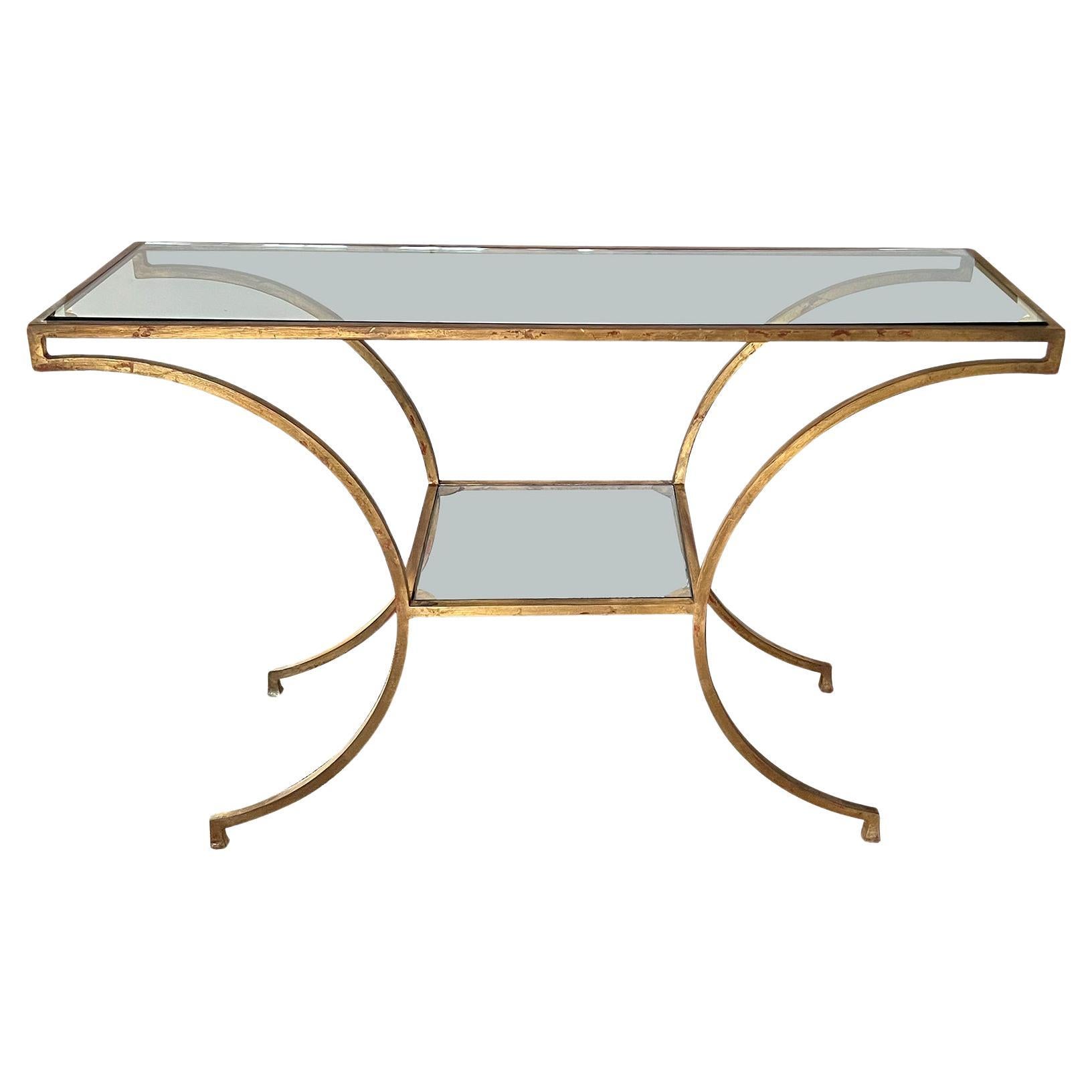 An Italian Greco Roman Style Gilt-metal Console Table with Glass Top and Shelf  For Sale