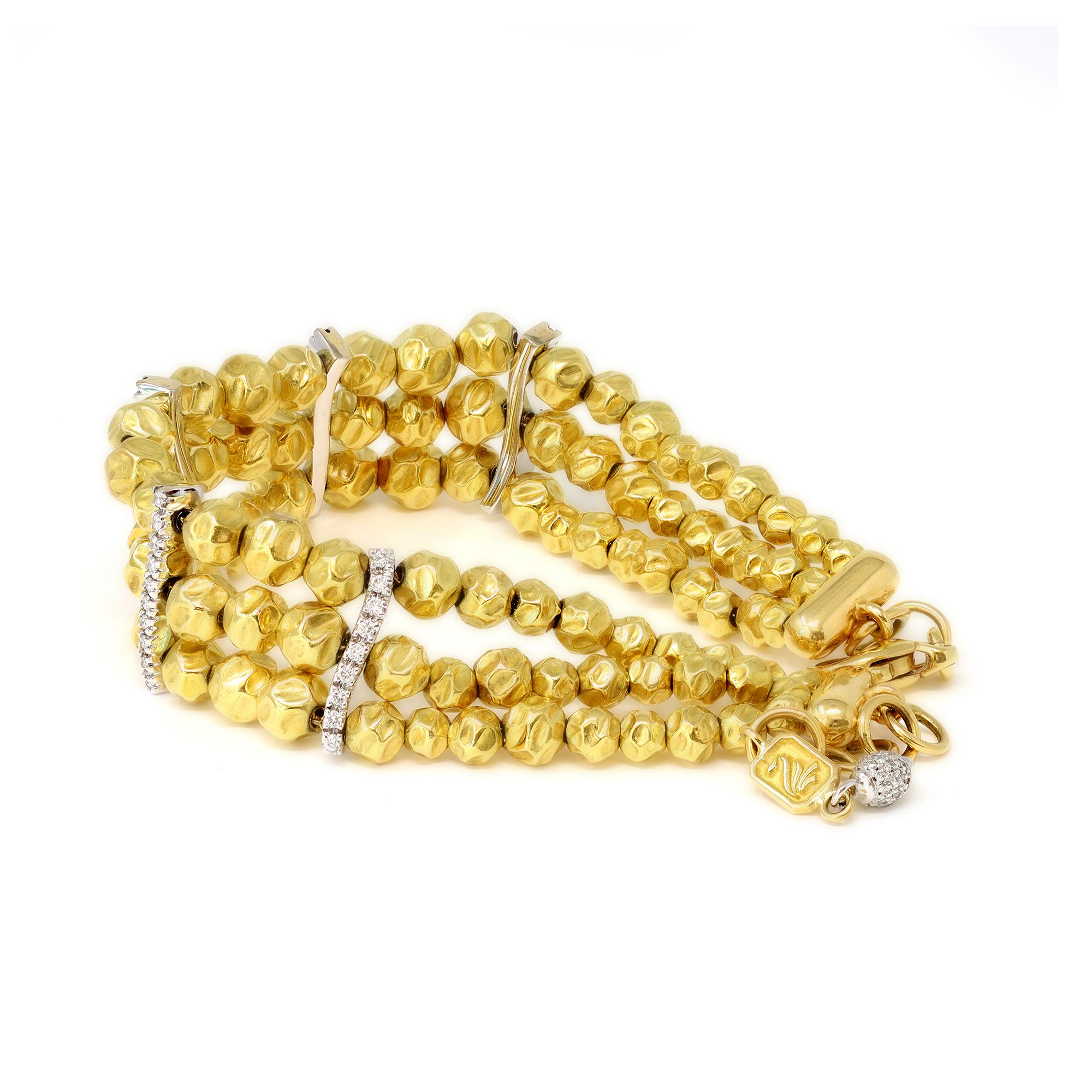Contemporary An Italian Hammered Gold Beads Bracelet with diamonds 18k