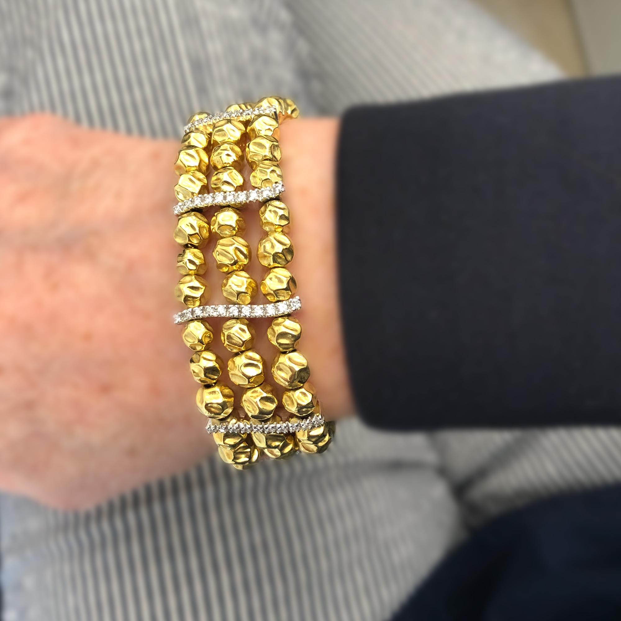 Women's or Men's An Italian Hammered Gold Beads Bracelet with diamonds 18k