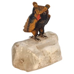 An Italian hardstone carved owl, c 1930 standing on a polished stone base, C1930