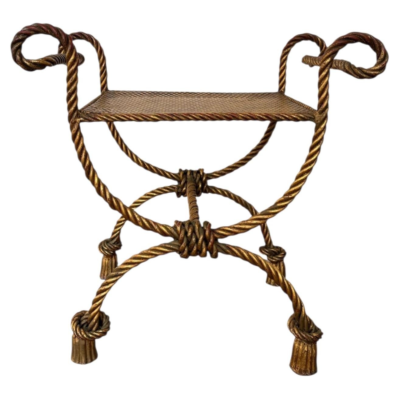 An Italian Hollywood Regency Gilded Ormolu Faux Rope Curule Stool For Sale