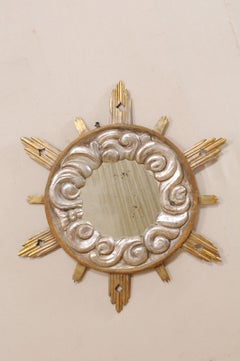 Italian 4 Ft Tall Cloudy Ray Sunburst Mirror in Gold & Silver, 19th Century