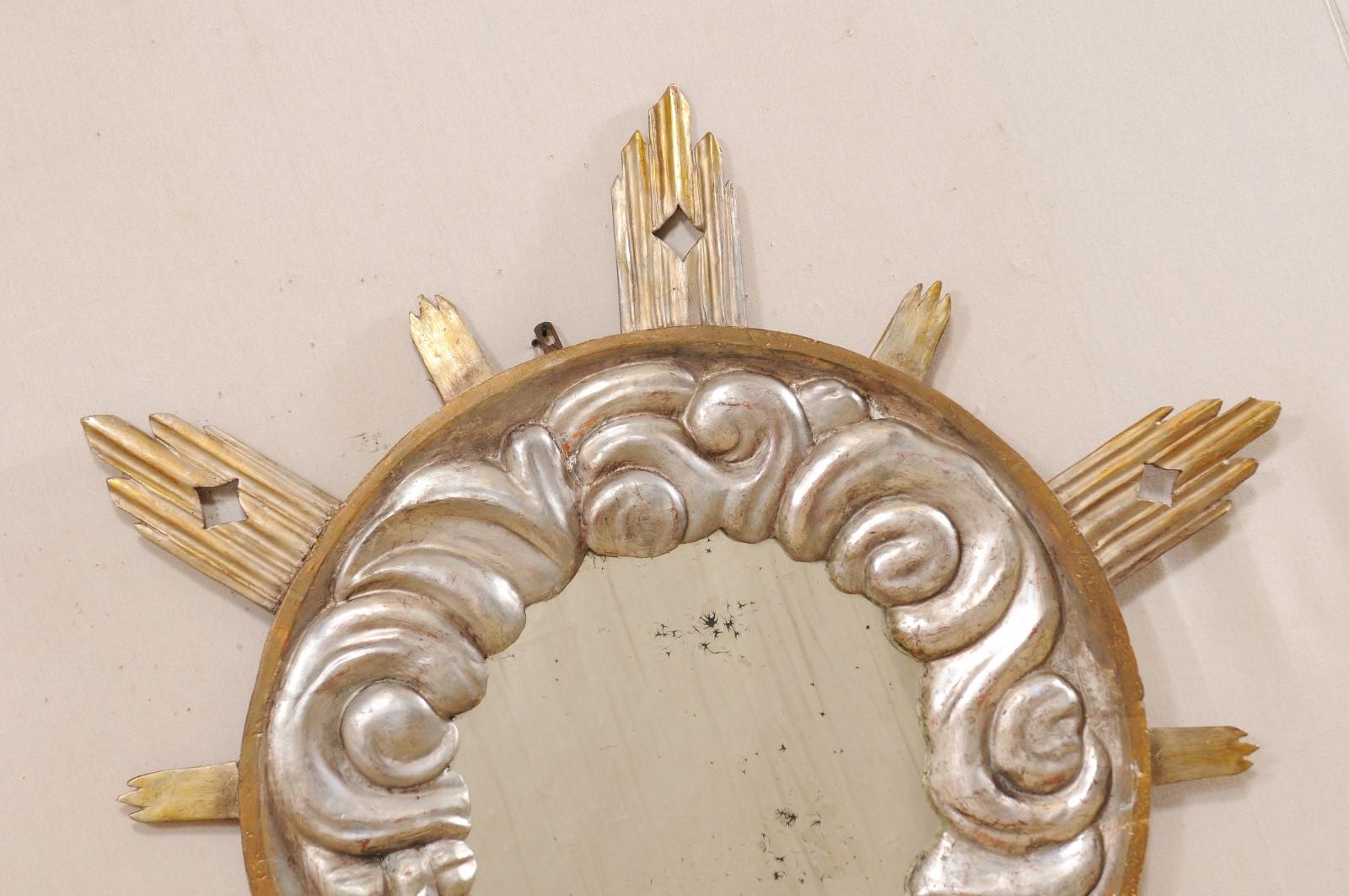 Hand-Carved Italian 4 Ft Tall Cloudy Ray Sunburst Mirror in Gold & Silver, 19th Century