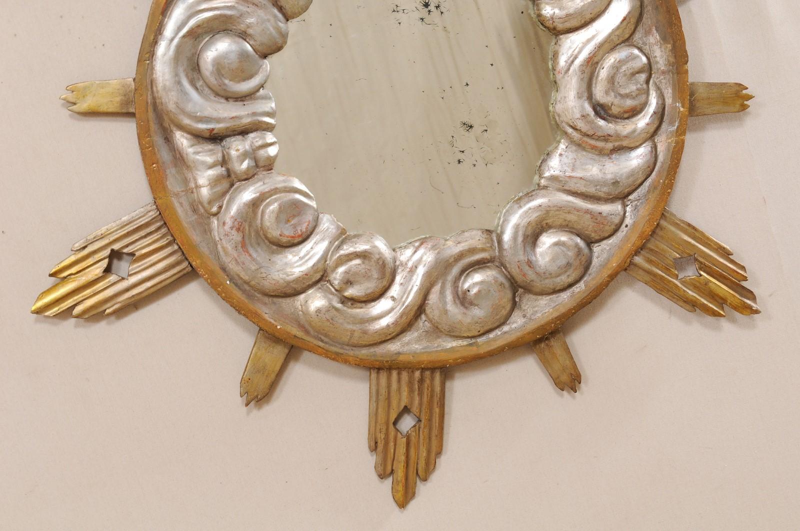 Italian 4 Ft Tall Cloudy Ray Sunburst Mirror in Gold & Silver, 19th Century In Good Condition In Atlanta, GA