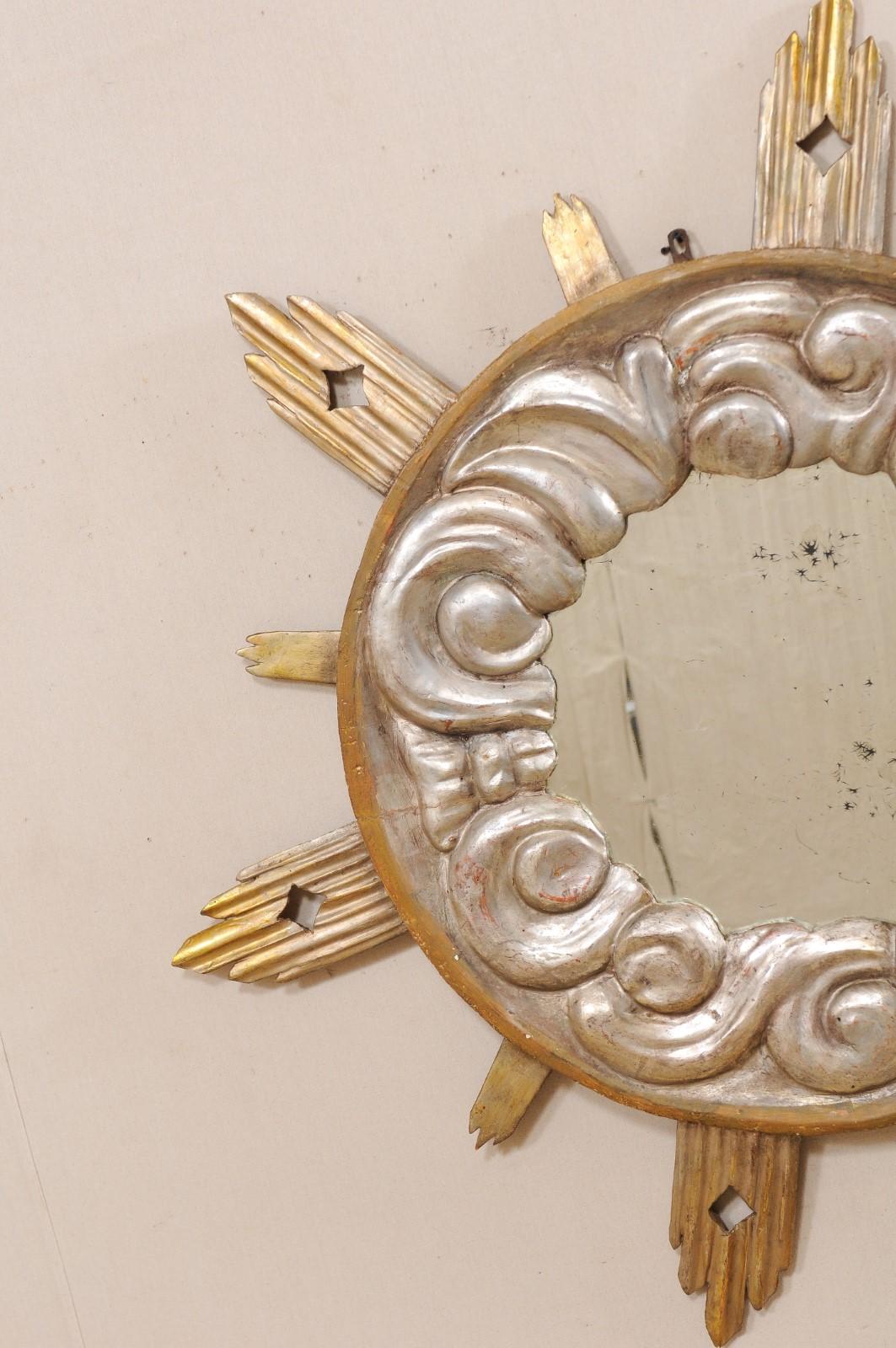 Italian 4 Ft Tall Cloudy Ray Sunburst Mirror in Gold & Silver, 19th Century 1